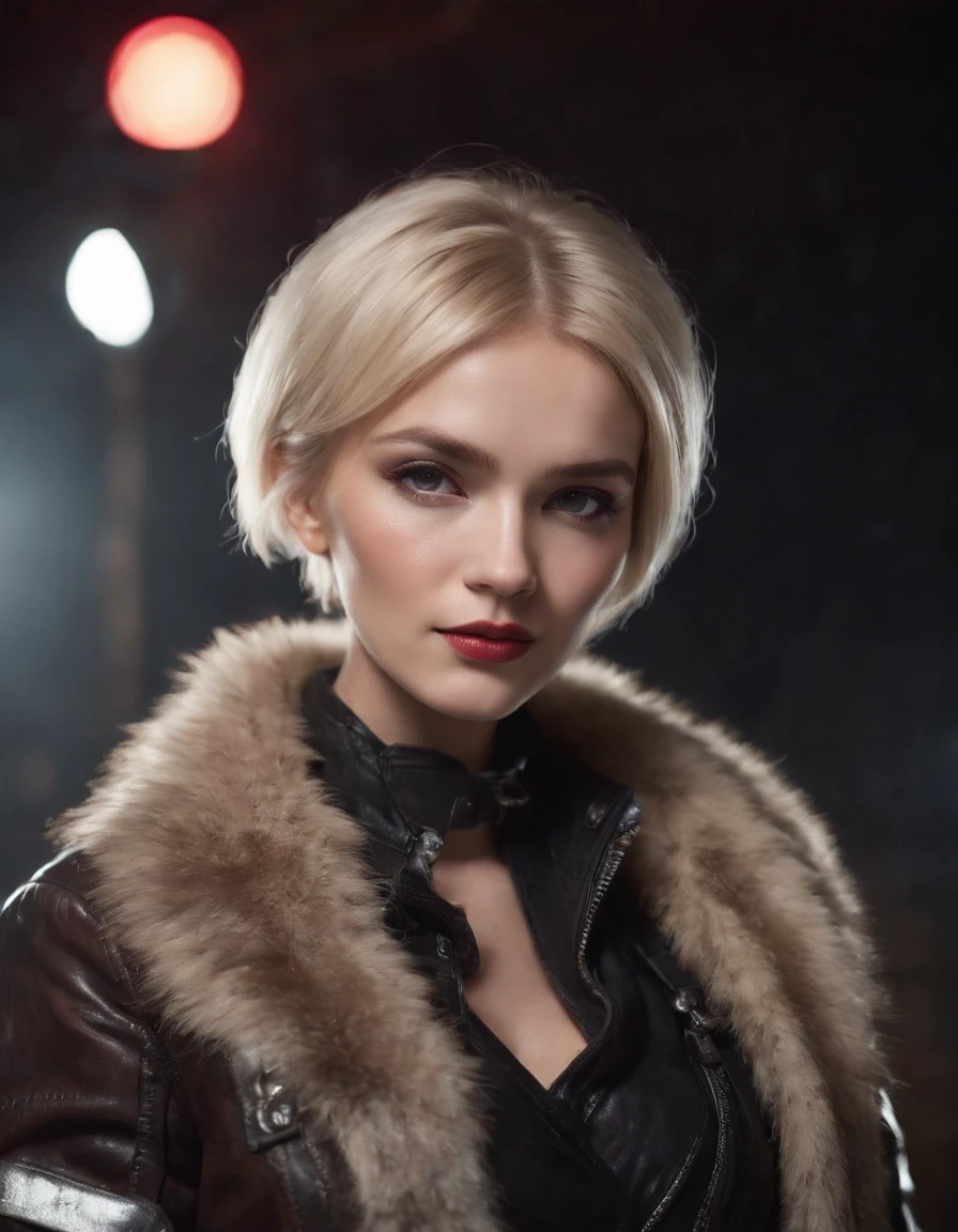 candid frontal closeup close up body portrait of a (Russian woman:1.2) model (with long Blonde Pixie Cut Haircut:1.2), (posing in Dazzling Ballroom with Shimmering Dance Floor and Twinkling Lights during Snow Level:1.1), (wearing Glamorous Hollywood Film Star Fashion with Satin Gowns and Fur Stoles:1.2), at dark night, moonlight, (naughty), (Saluting:1.1), Dappled light Hair light, (bright flash photography:1.2), Deep reds aesthetic, (focus on the eyes), (hard shadows, pitch black brackground, unlit, dark theme, dim lighting, deep contrast:1.1), (background in focus), (wearing Futuristic Post-Apocalyptic Survivor Attire with Tattered Leather Jackets and Goggles:1.2), analog film grain overexposed blurry polaroid,medium close-up