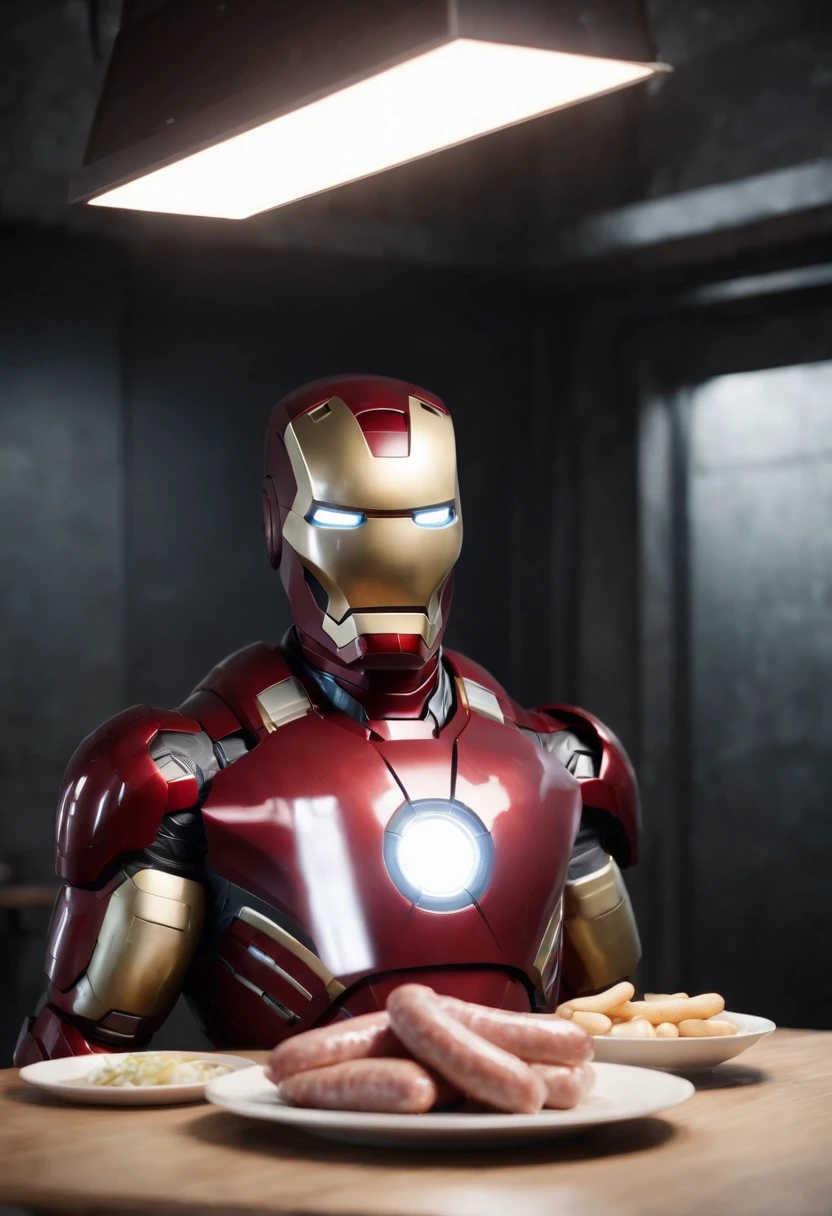 Marvel's somber half-length portrait of Iron Man behind a table with a plate of sausages, with intricate angular cybernetic implants within a futuristic kitchen, cyberpunk, Foto premiada, Neon lights, cybernetic limb, obra maestra, UHD, 32K, ultrarrealista, HQ 4K, Renderizado en Unreal Engine 4K HQ, Renderizado en Unreal Engine 4K HQ, Arte conceptual 4K e hiperrealismo, Renderizado 4K detallado, Ironman, ArtStation 4K, Renderizado 4K de alto detalle, Tendencias 4K en la sede de ArtStation, Extremadamente fotorrealista
