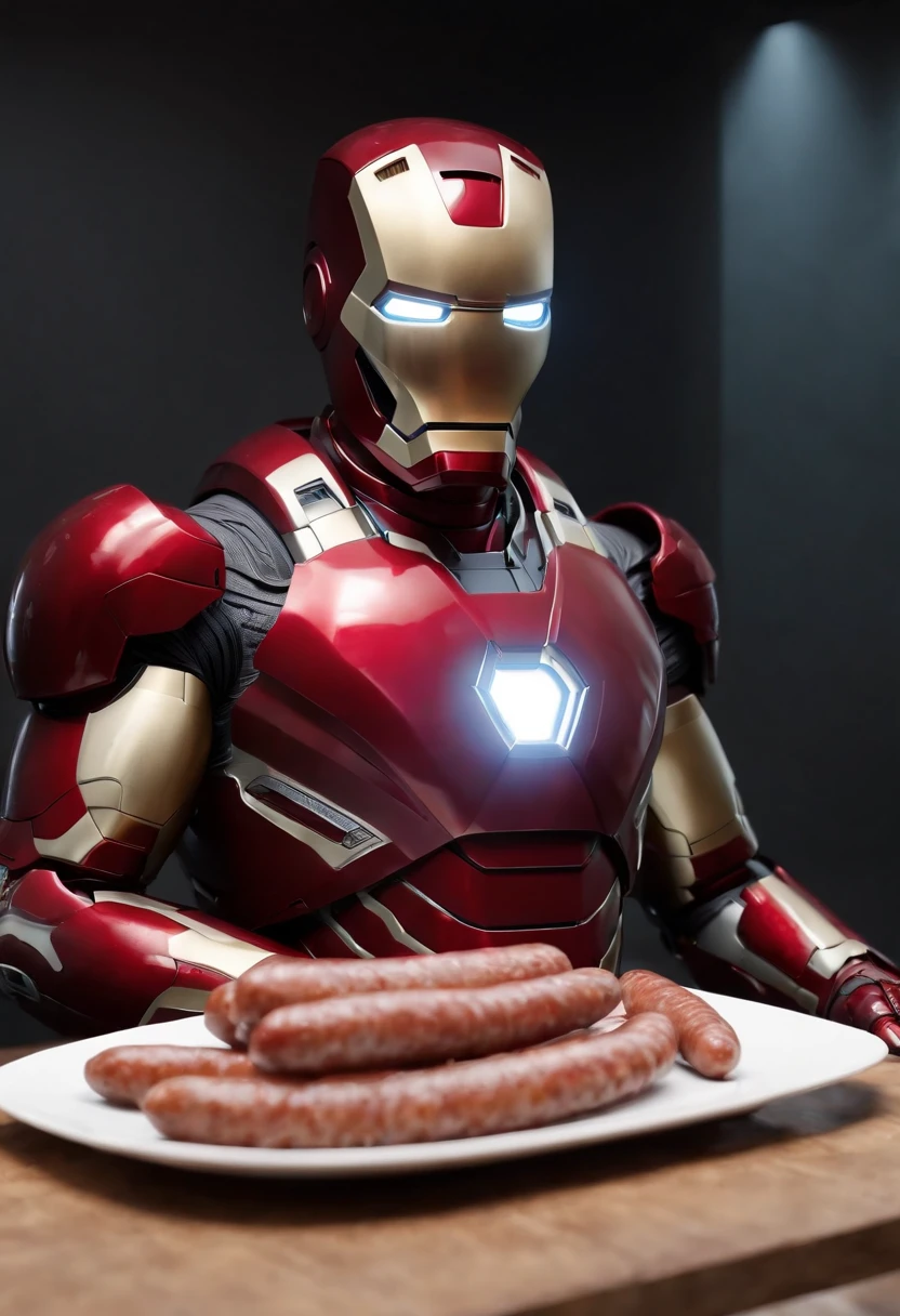 Marvel's somber half-length portrait of Iron Man behind a table with a plate of sausages, with intricate angular cybernetic implants within a futuristic kitchen, cyberpunk, Foto premiada, Neon lights, cybernetic limb, obra maestra, UHD, 32K, ultrarrealista, HQ 4K, Renderizado en Unreal Engine 4K HQ, Renderizado en Unreal Engine 4K HQ, Arte conceptual 4K e hiperrealismo, Renderizado 4K detallado, Ironman, ArtStation 4K, Renderizado 4K de alto detalle, Tendencias 4K en la sede de ArtStation, Extremadamente fotorrealista