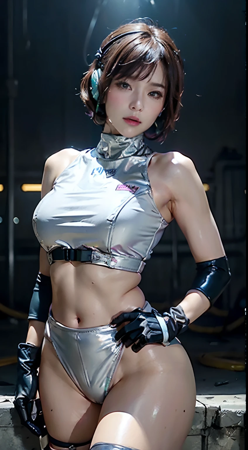 Top Quality, Ultra High Definition, (backlight), (Photorealistic: 1.4), (cowboy shot:1), 1 Beautiful Girl, (Kpop Idol), Detailed Face, (Hair Style: Pink:1, fullbang, shortbob-style:1), Contrapposto, Perfect Anatomy, Smooth Skin, Professional Lighting, ((wearing Futuristic Police Racing Suits, police wappen, High-tech Headset, military harness, racing gloves, machinegun)), outside honey bob hairstyle, (Cloths colors based on silver pink white), (background, crashed cars, fire, (Explosion)),