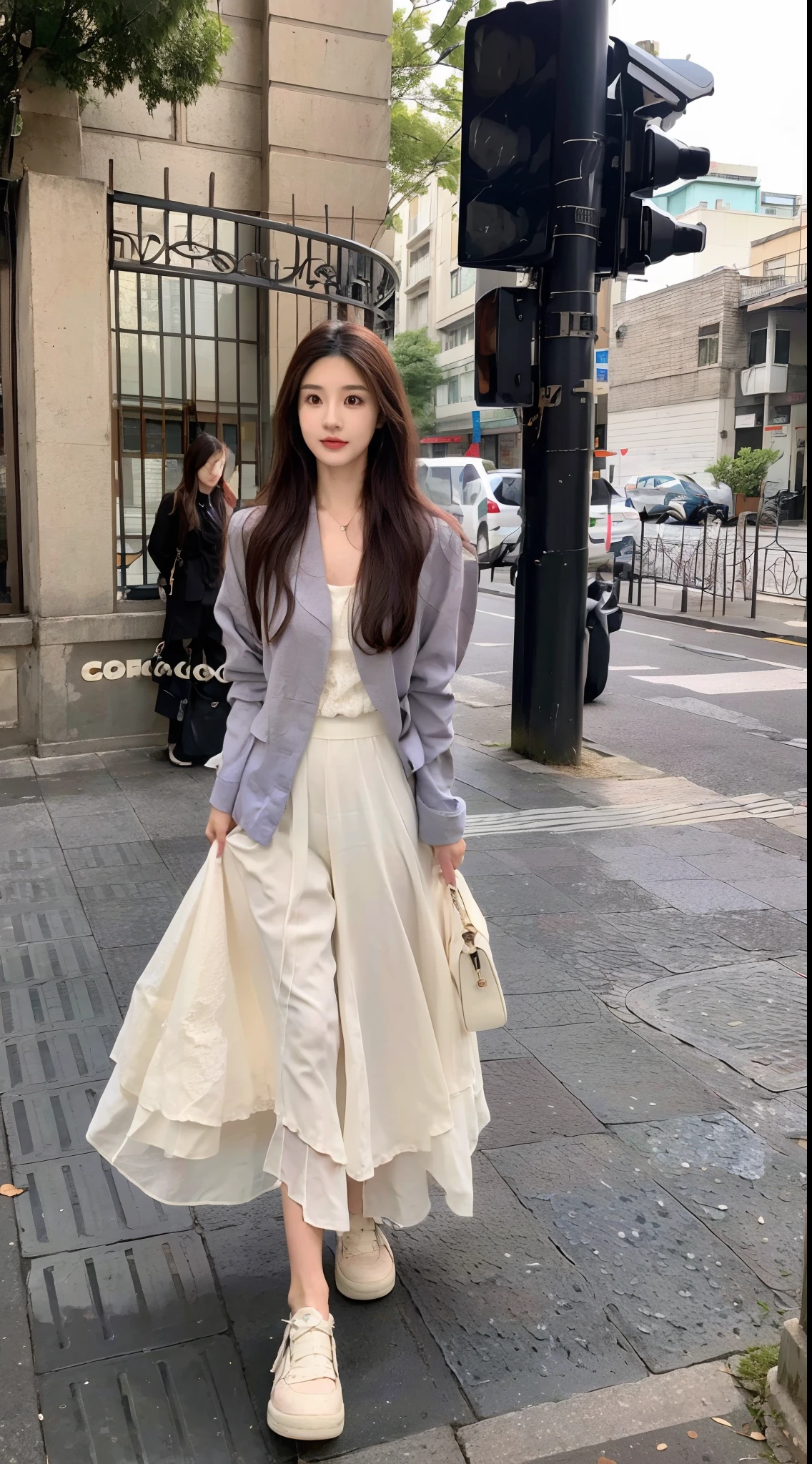 Alapi woman in dress and jacket standing on the sidewalk, CGCOSIETY, Gorgeous young Korean woman, Middle Metaverse, wearing white camisole, white lace clothing, korean women's fashion model, Lovely woman, gorgeous chinese models, photo of slim girl model, Lace, Beautiful young Korean woman, bae suzy, fancy top