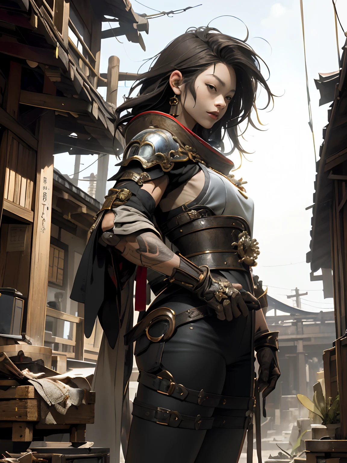 ((woman))), (((best qualityer))), (((tmasterpiece))), (((AS-Adult))), ((( Japanese ))), Look up from your knees, A beautiful asian samurai woman with perfect body, Modern samurai, ((( Asian))), Wear gloves on your hands，The left arm is made of steel and metal tips，Made of protective devices,eyes looking at the lens, (( Appears below the breast )), (( Small dental floss )), Simon Bisley, Almost naked（Simon Bisley）Castle City Wilderness，For high-resolution posters, hair straight, Minimum clothing, armure (Crazy clothes ), Full of tips and rivets, tribal tattoos, (((full bodyesbian))), Straight brunette hair，Colored hair ends