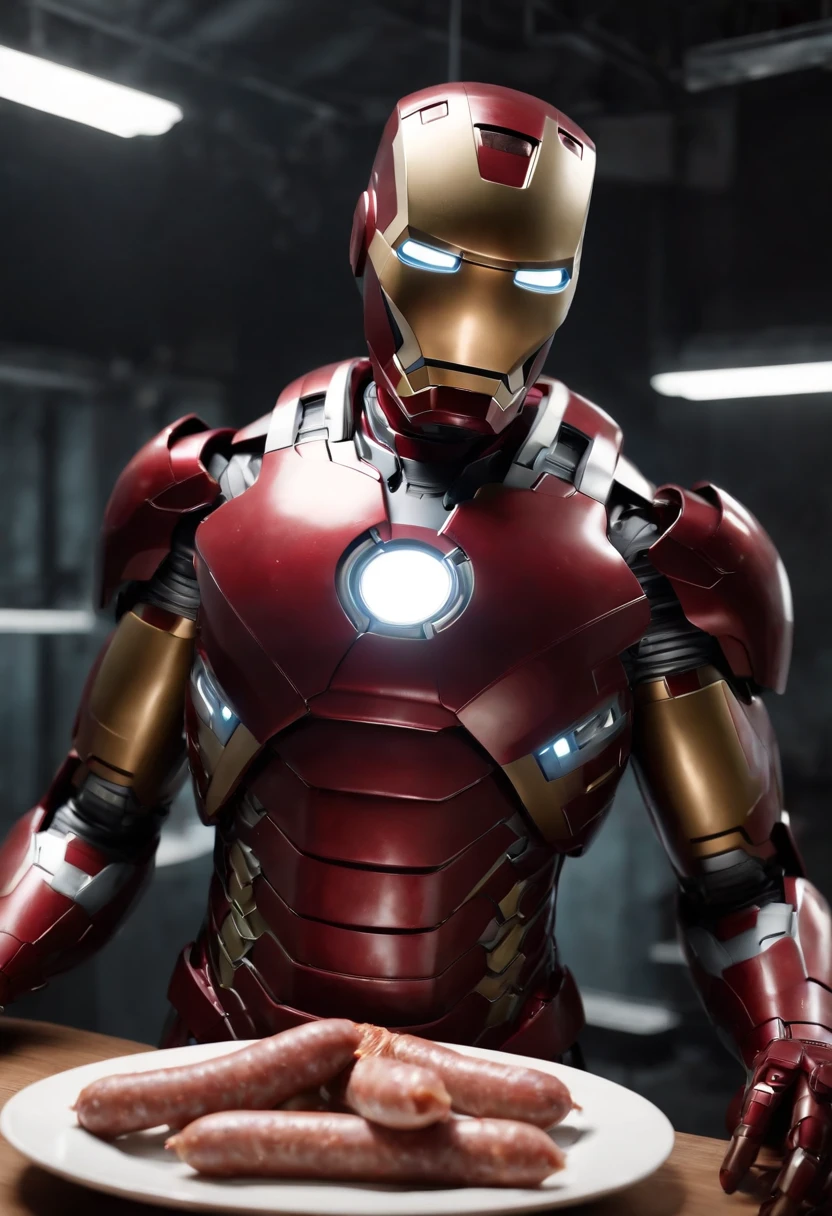 Marvel's somber half-length portrait of Iron Man behind a table with a plate of sausages, with intricate angular cybernetic implants within a futuristic kitchen, cyberpunk, Foto premiada, Neon lights, cybernetic limb, obra maestra, UHD, 32K, ultrarrealista, HQ 4K, Renderizado en Unreal Engine 4K HQ, Renderizado en Unreal Engine 4K HQ, Arte conceptual 4K e hiperrealismo, Renderizado 4K detallado, Ironman, ArtStation 4K, Renderizado 4K de alto detalle, Tendencias 4K en la sede de ArtStation, Extremadamente fotorrealista