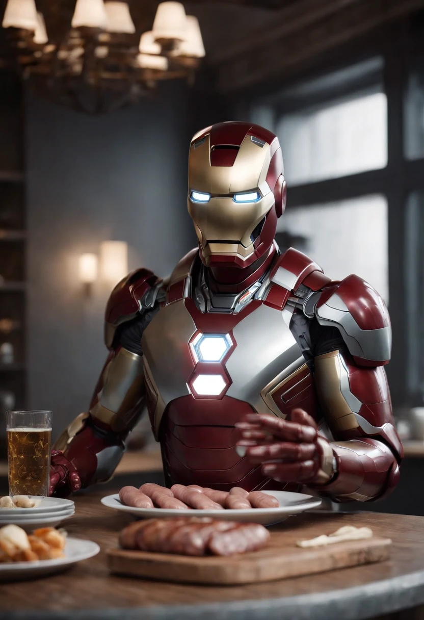 Marvel's somber half-length portrait of Iron Man behind a table with a plate of sausages, with intricate angular cybernetic implants within a futuristic kitchen, cyberpunk, Foto premiada, Neon lights, cybernetic limb, obra maestra, UHD, 32K, ultrarrealista, HQ 4K, Renderizado en Unreal Engine 4K HQ, Renderizado en Unreal Engine 4K HQ, Arte conceptual 4K e hiperrealismo, Renderizado 4K detallado, Ironman, ArtStation 4K, Renderizado 4K de alto detalle, Tendencias 4K en la sede de ArtStation, Extremadamente fotorrealista