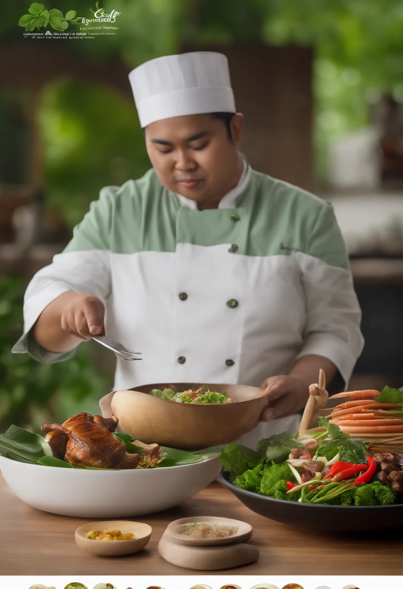 Generate a series of realistic images featuring an Indonesian fat bally chef cooking alone in different styles and poses against a green background. The chef should be shown preparing a variety of Indonesian dishes, showcasing the rich and diverse culinary culture of Indonesia. The poses can include chopping ingredients, grilling, frying, and presenting finished dishes. The chef should be dressed in traditional Indonesian chef attire and exude a sense of expertise and passion for Indonesian cuisine in each image. The green screen background should allow for easy customization and integration into various settings or scenes. Each image should capture the essence of Indonesian culinary traditions