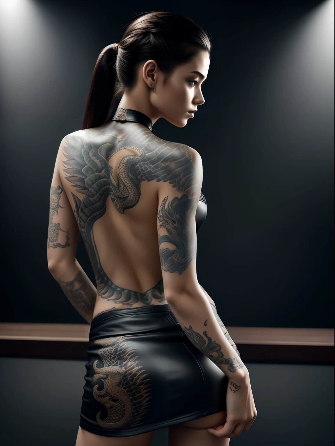 depicting a girl with a dragon tattoo on her back. backless outfit. Amazing dragon tattoo.  ultra-realistic, HD, hight resolution, 4k, 8K, photografic, Full photo, full image, Sharp, Detailed.