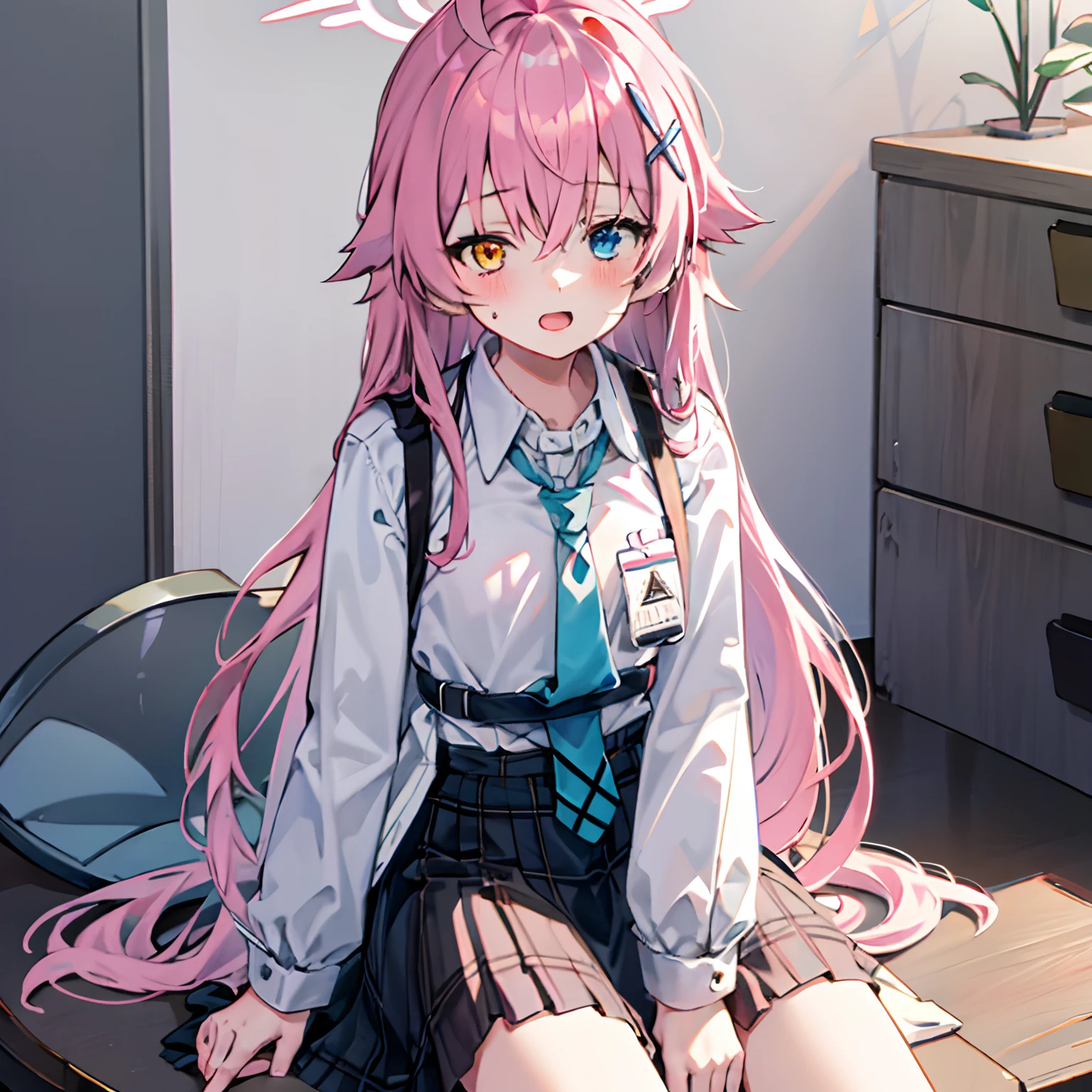 1girl, hoshino (blue archive), solo, heterochromia, pink hair, skirt, long hair, necktie, ahoge, shirt, halo, plaid skirt, blue eyes, plaid, looking at viewer, white shirt, sitting, orange eyes, chest harness, harness, long sleeves, id card, open mouth, very long hair, collared shirt, smile, blue necktie, bangs, feet out of frame, between legs, hand between legs, blush, hair between eyes, highres,masterpiece, best qualit