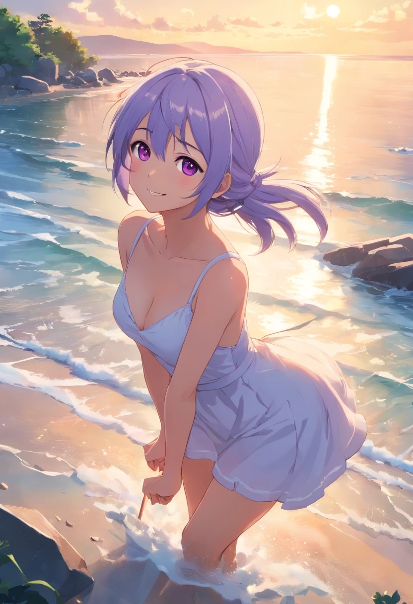 Best Quality, masutepiece, , ,Short, Huge breasts, White hair,low twintails, Purple eyes, Chris Yukine, thin twin tails,, Beach, Sea, White Dress, White skirt, white one peace, a straw fedora hat, (((Shy))), (Happy), Leaning forward, Summer, From above, Reaching out, Smiling,