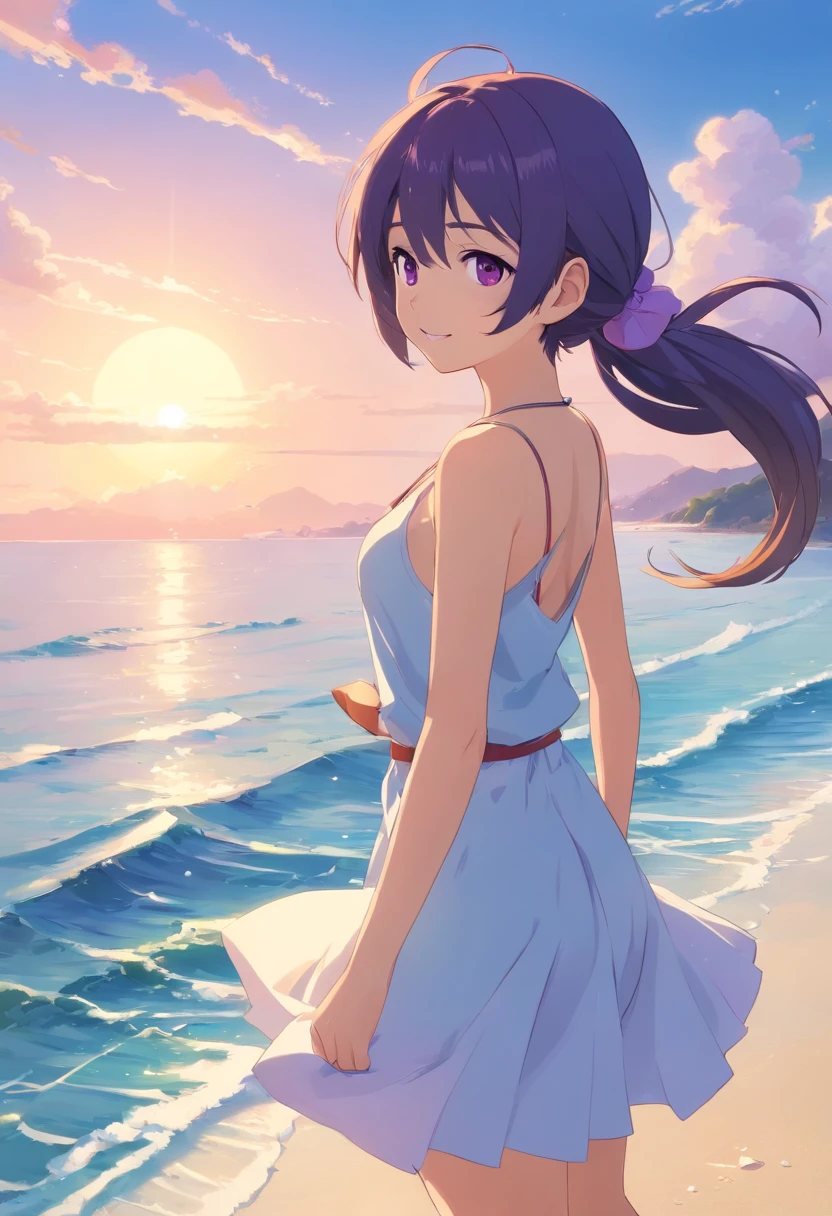 Best Quality, masutepiece, , ,Short, Huge breasts, White hair,low twintails, Purple eyes, Chris Yukine, thin twin tails,, Beach, Sea, White Dress, White skirt, white one peace, a straw fedora hat, (((Shy))), (Happy), Leaning forward, Summer, From above, Reaching out, Smiling,