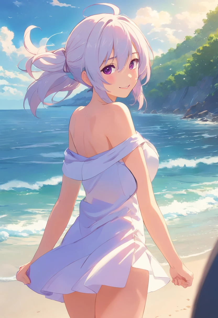 Best Quality, masutepiece, , ,Short, Huge breasts, White hair,low twintails, Purple eyes, Chris Yukine, thin twin tails,, Beach, Sea, White Dress, White skirt, white one peace, a straw fedora hat,  (((Shy))), (Happy), Leaning forward, Summer, From  above, Reaching out, Smiling,