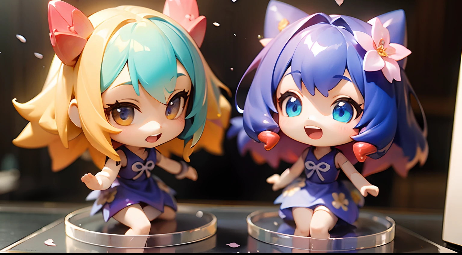 photoRealstic、Two dolls standing in front of the painting(nendroid)、Open mouth and big smile、Water droplets on the cheeks、Two people put their hands together to make a heart in a cute pose、watercolor Nendoroid、(High Definition Figure)、Flowing iridescent silk、up of face、Eye Up、Colorcon with heart pattern、Floral dress、There are also flowers in front of the nendroids、flower petals、season!!: 夏天☀ 🍂