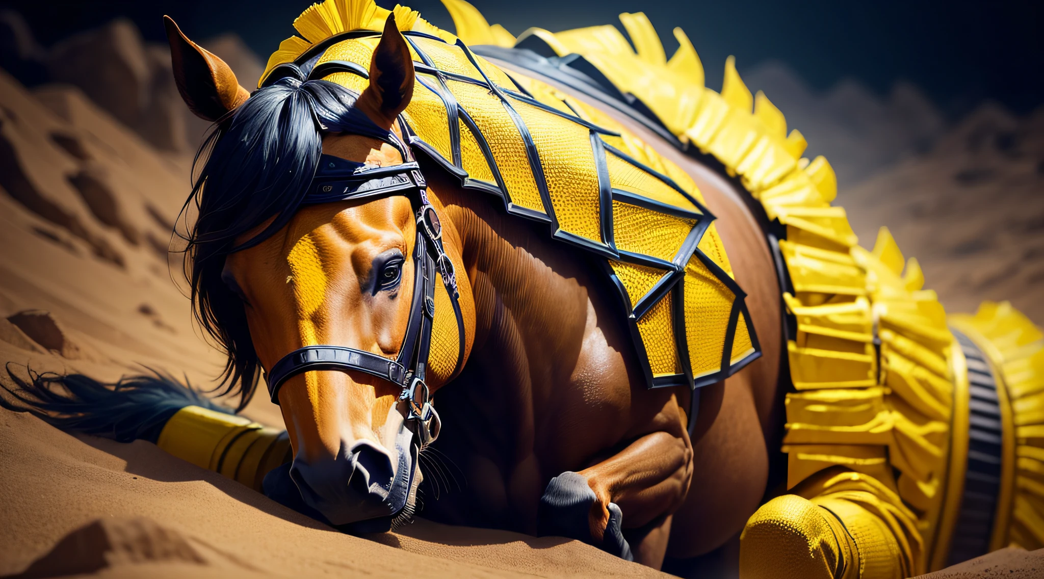 um ((homem aterrorizante)), montado em seu imponente ((cavalo amarelo)) lutando contra demonios deuzes, biblical, Bible Stories