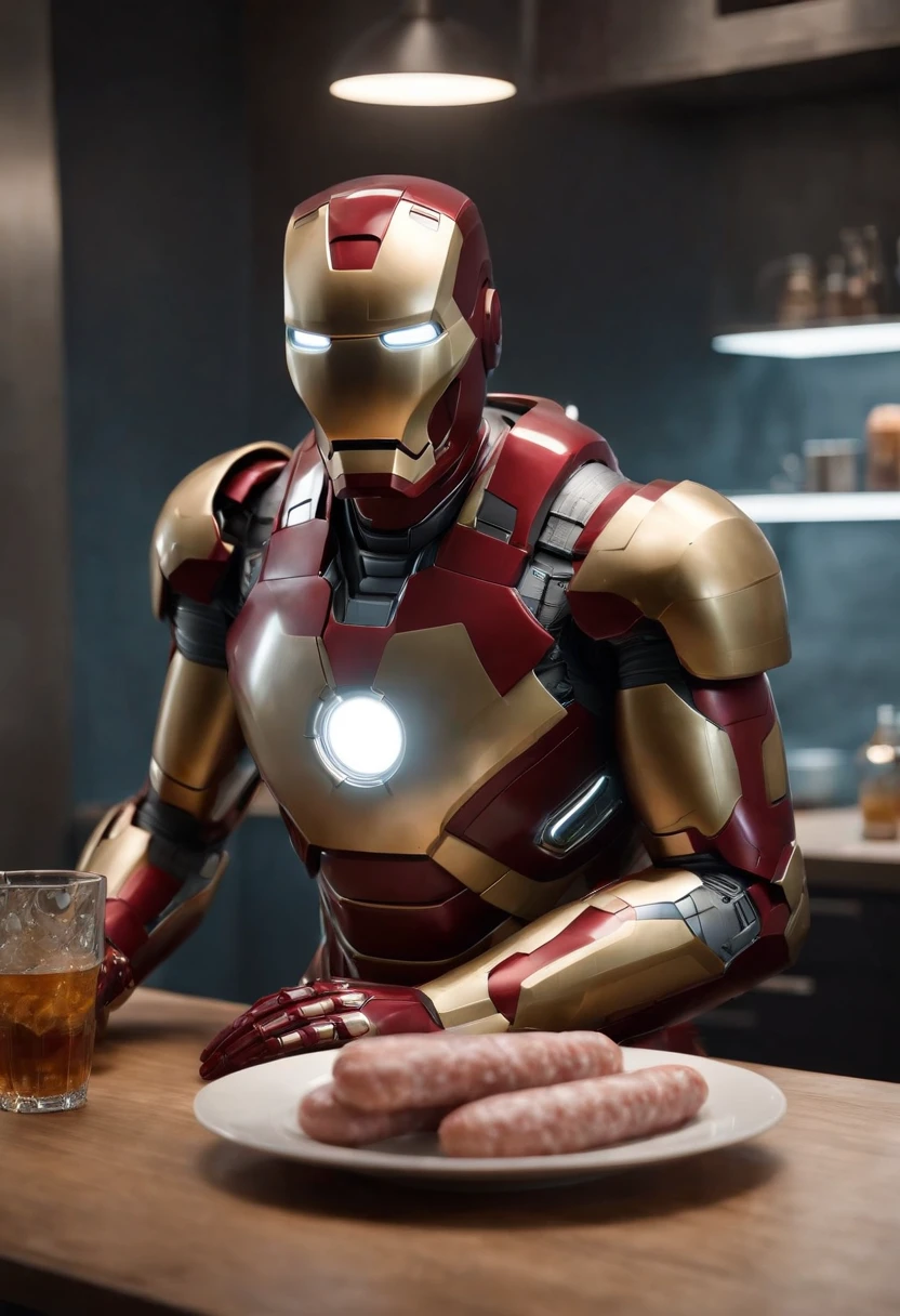 Marvel's somber half-length portrait of Iron Man behind a table with a plate of sausages, with intricate angular cybernetic implants within a futuristic kitchen, cyberpunk, Foto premiada, Neon lights, cybernetic limb, obra maestra, UHD, 32K, ultrarrealista, HQ 4K, Renderizado en Unreal Engine 4K HQ, Renderizado en Unreal Engine 4K HQ, Arte conceptual 4K e hiperrealismo, Renderizado 4K detallado, Ironman, ArtStation 4K, Renderizado 4K de alto detalle, Tendencias 4K en la sede de ArtStation, Extremadamente fotorrealista