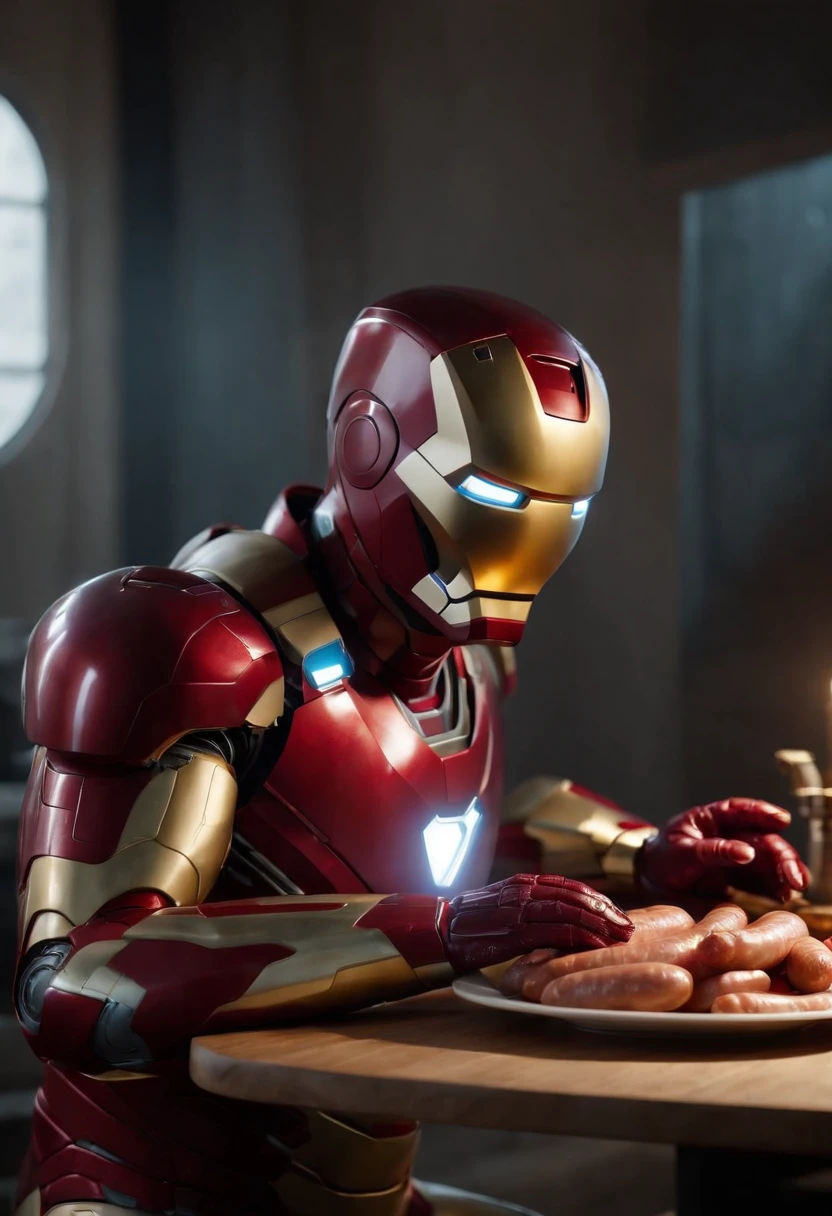 Marvel's somber half-length portrait of Iron Man behind a table with a plate of sausages, with intricate angular cybernetic implants within a futuristic kitchen, cyberpunk, Foto premiada, Neon lights, cybernetic limb, obra maestra, UHD, 32K, ultrarrealista, HQ 4K, Renderizado en Unreal Engine 4K HQ, Renderizado en Unreal Engine 4K HQ, Arte conceptual 4K e hiperrealismo, Renderizado 4K detallado, Ironman, ArtStation 4K, Renderizado 4K de alto detalle, Tendencias 4K en la sede de ArtStation, Extremadamente fotorrealista