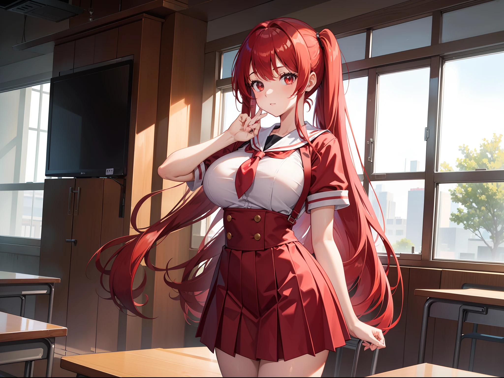 hi-school girl、(Full Red Uniform)、fullllbody、In the classroom of the school、((Colossal tits))、Red hair、Longhaire、poneyTail、Standing facing the front、-ish、