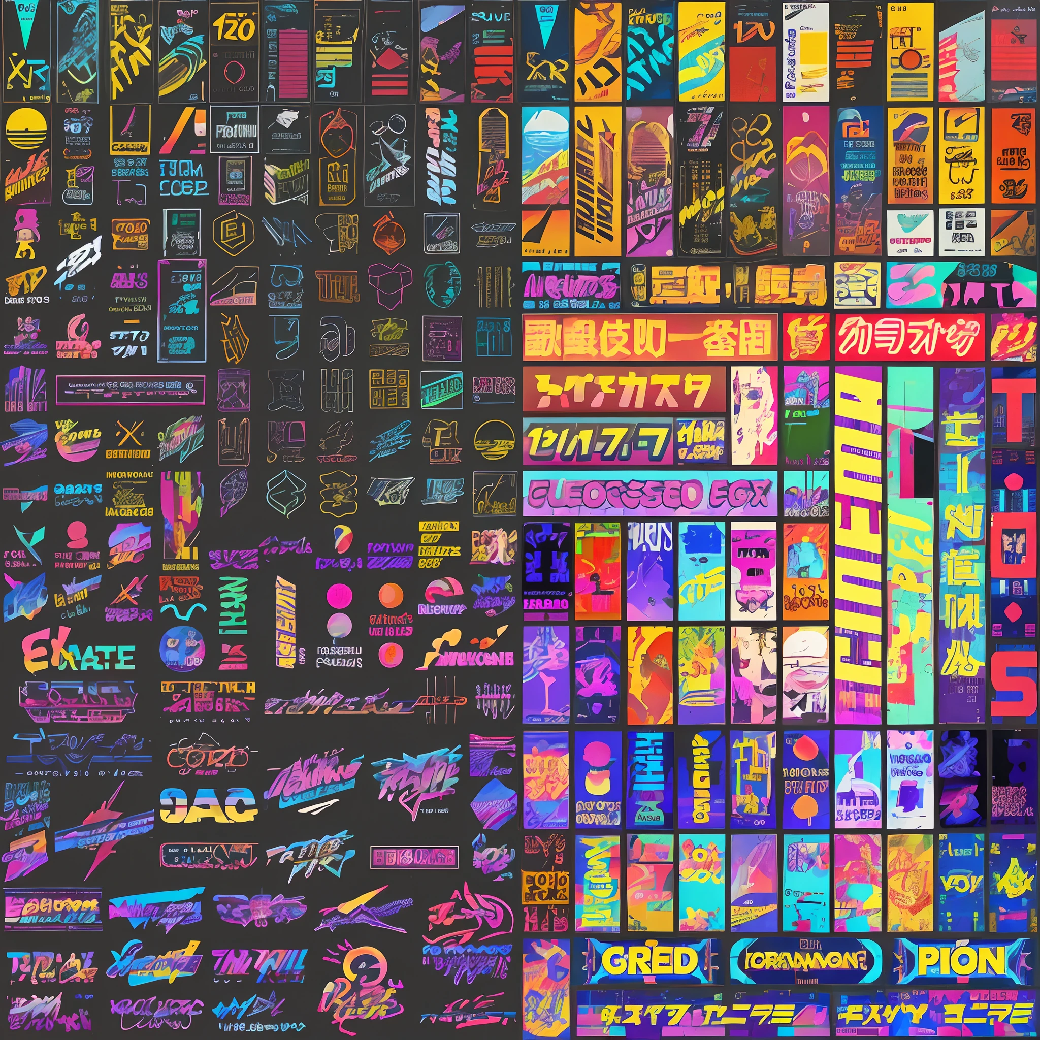 Close-ups of different types of stickers, Vaporwave Textures, retrowave epic art, masterpiece epic retrowave art, 80s poster, art deco outrun anime aesthestic, 1 9 8 0 s Poster Style, Signs of cyberpunk, 8 0ies aesthetics, 8 0 Seconds Style Poster, japanese neon signs, Retro PC Graphics