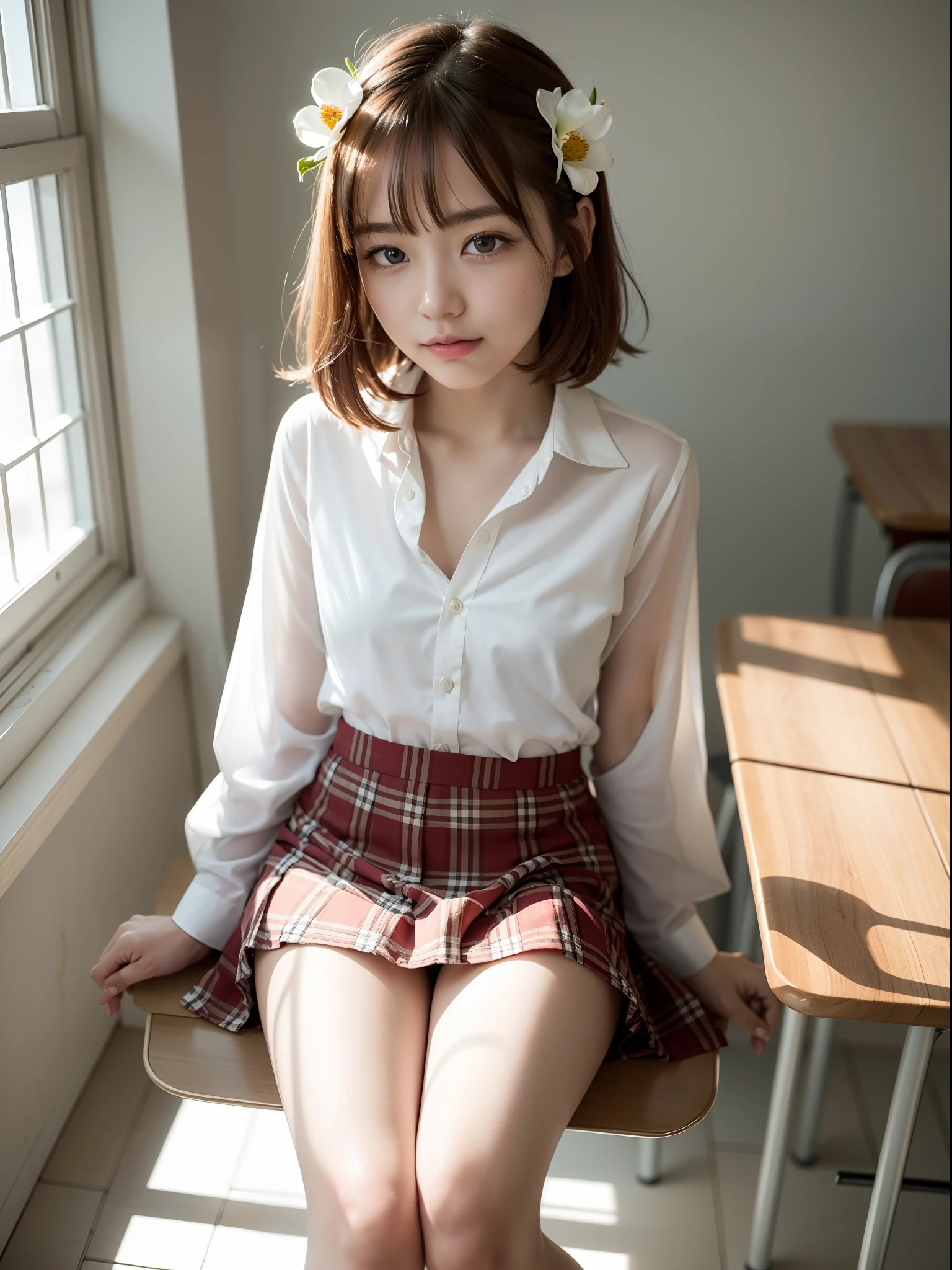 (8K, RAW photography, top-quality, tmasterpiece:1.2), 1girl in, 。.。.3D, Voluptious body, Beautiful face, Photogenic , 。.。.3D, Blazer uniform, skirt by the、long curly windblown blonde hair, Carnal lips, High school students, ((Classroom at evening))、 school uniform, Real, Photorealsitic、 shiny skins、beautiful delicate face、Beautiful delicate eyes、pleatedskirt、Lace panties、(Sleep on the floor)、(Troubled face)、(Red blush)、embarrassed from、 The skirt lifts on its own、(Spread your legs wide)、sit with your knees bent、(natta)、Natural soft light、Look away、Show off yours