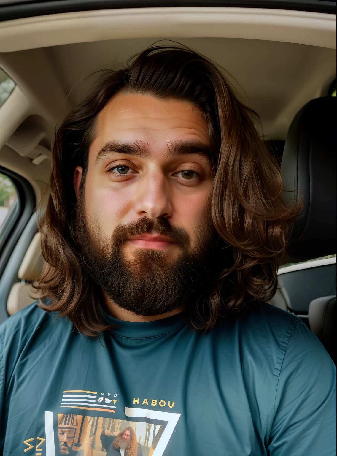 homem com cabelos longos e barba sentado em um carro, mid long hair, longa barba despenteada, barba cheia, cabelos cheios, Similares a Hagrid, 2 8 anos, 3 2 anos, com uma barba pequena, Homem de 30 anos, sem barba, 2 9 anos, 2 7 anos, medium and medium-length hair