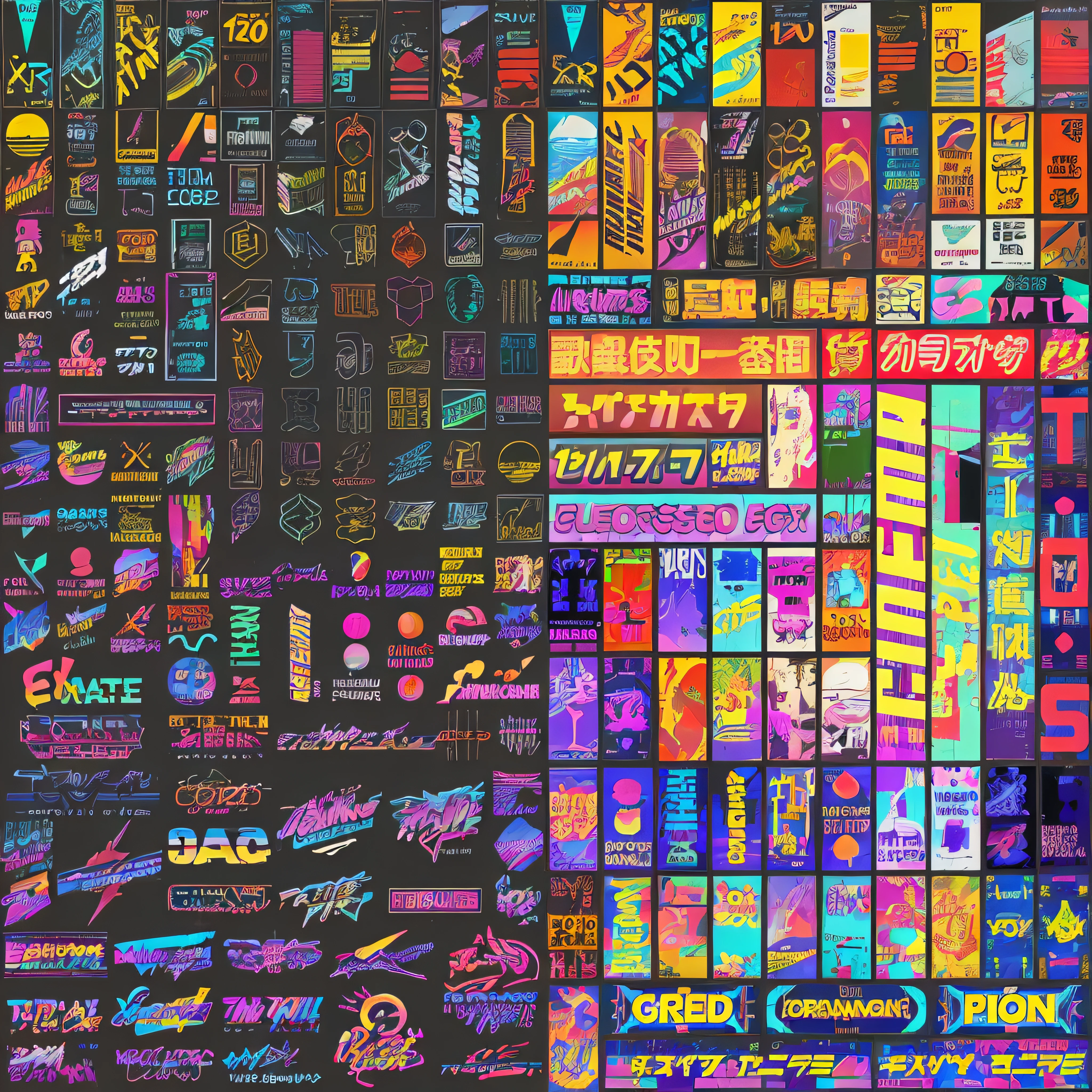Close-ups of different types of stickers, Vaporwave Textures, retrowave epic art, masterpiece epic retrowave art, 80s poster, art deco outrun anime aesthestic, 1 9 8 0 s Poster Style, Signs of cyberpunk, 8 0ies aesthetics, 8 0 Seconds Style Poster, japanese neon signs, Retro PC Graphics