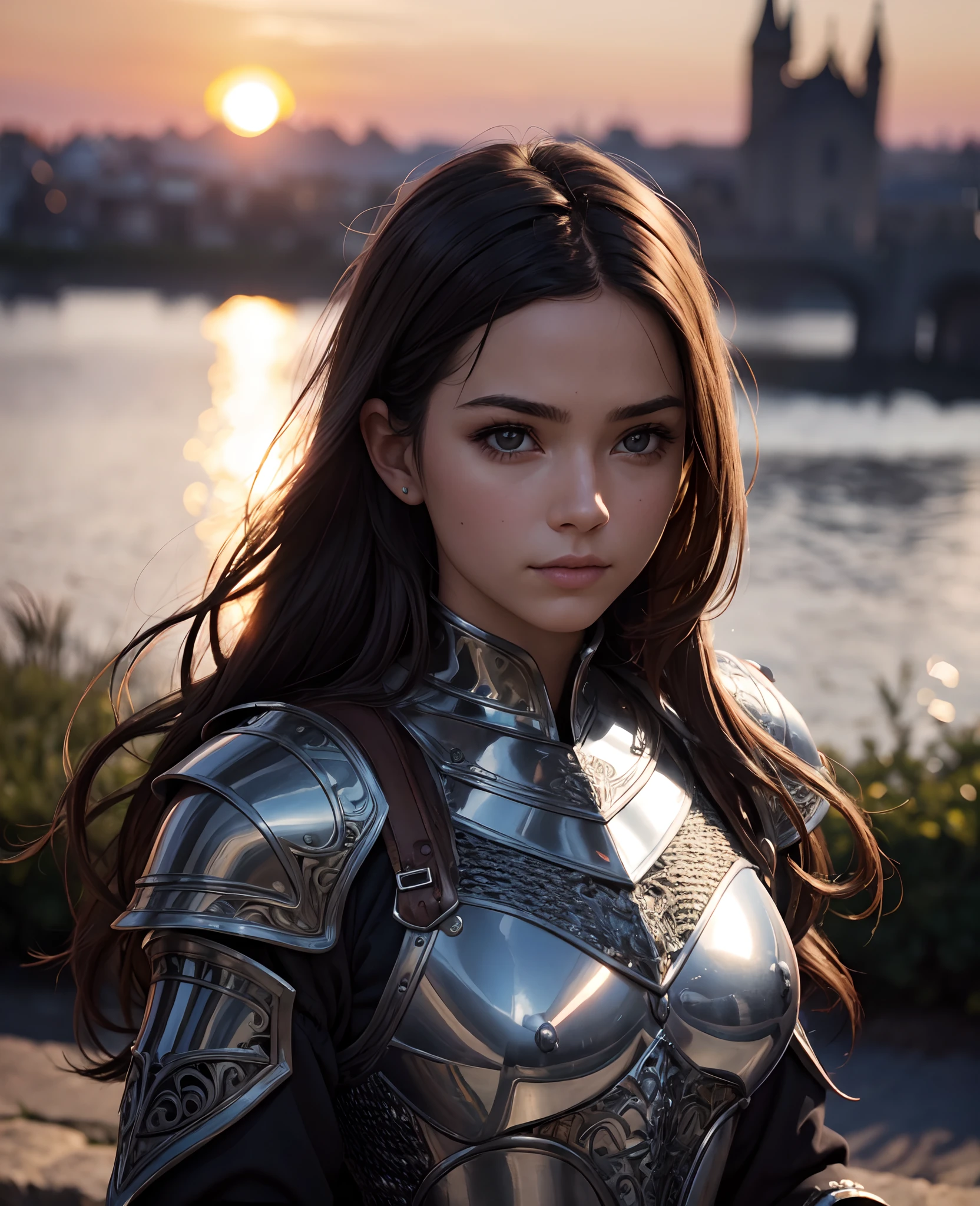 (masterpiece), (extremely intricate:1.3), (realistic), portrait of a girl, the most beautiful in the world, (medieval armor), metal reflections, upper body, outdoors, intense sunlight, far away castle, professional photograph of a stunning woman detailed, sharp focus, dramatic, award winning, cinematic lighting, , volumetrics dtx, (film grain, blurry background, blurry foreground, bokeh, depth of field, sunset,interaction, Perfectchainmail