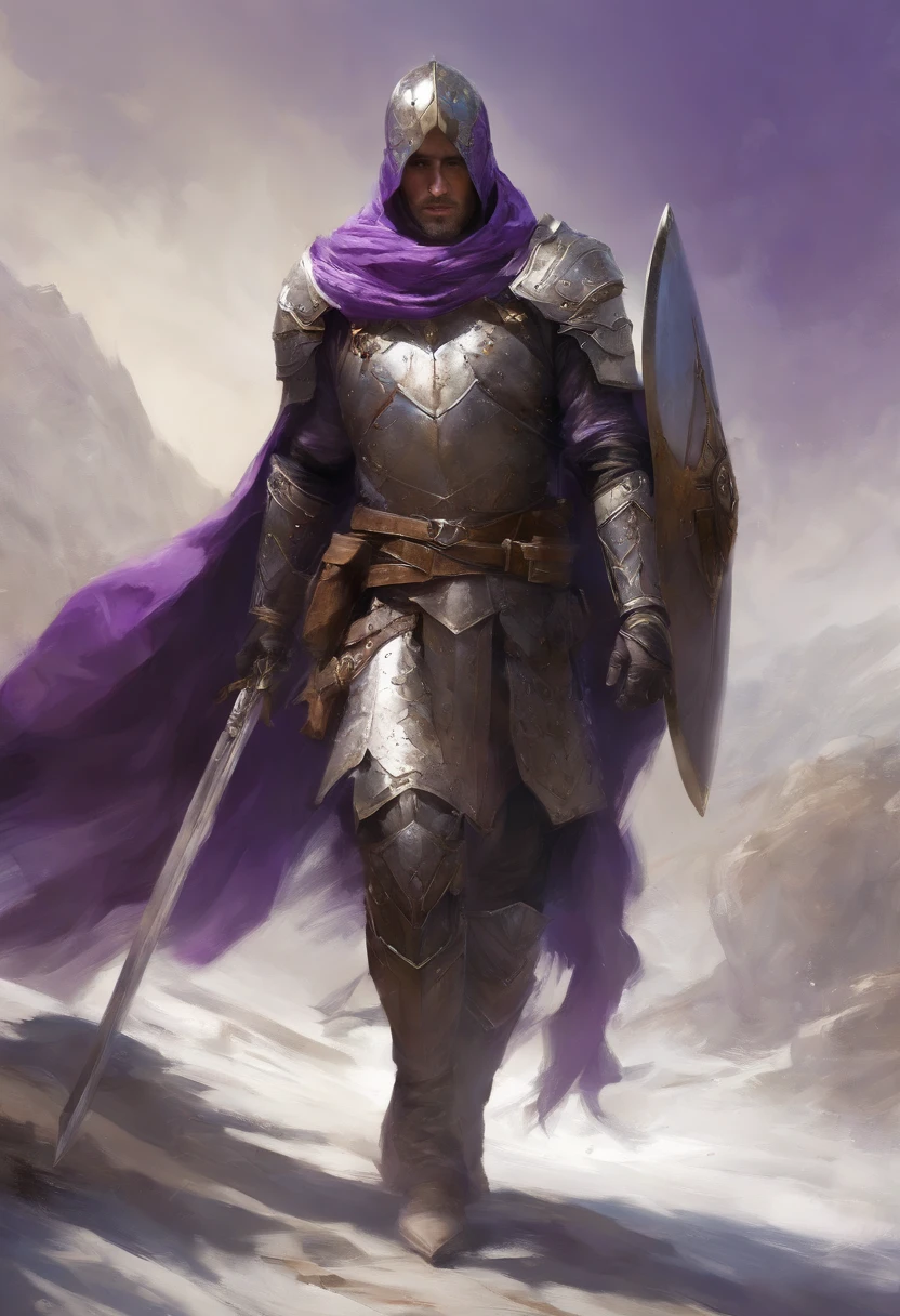 Strong Male,Paladin Knight,walking,helmet on, Centered,purple scarf, Looking at the camera, Facing the camera, Approaching perfection, Dynamic, Highly detailed, Smooth, Sharp Focus, 8K, hight resolution, Illustration, art by carne griffiths and wadim kashin, White background, black text in background titled "For Honor"