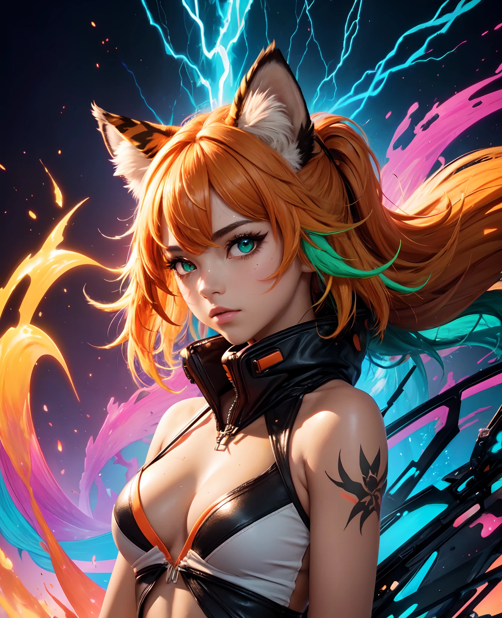 (masterpiece:1.1), (highest quality:1.1), (HDR:1.0), extreme quality, cg, (negative space), detailed face+eyes, 1girl, fox ears, animal ear fluff, (plants:1.18), (fractal art), (bright colors), splashes of color background, colors mashing, paint splatter, complimentary colors, neon, (thunder tiger), compassionate, electric, limited palette, synthwave, fine art, tan skin, upper body, (green and orange:1.2), time stop, sy3, SMM