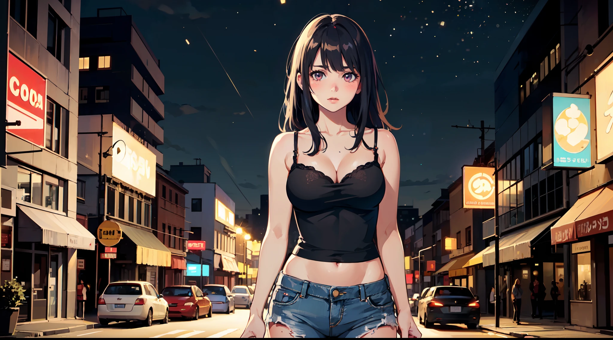 1girl, standing in a neon city with neon signs and buildings in the background, ((adorable girl)), colorful, ((realistic)), blush, perfect body, perfect body, long black hair, camisole, jeans, cleavage, soft lighting, night,8k,(masterpiece, best quality:1.5), intricate detailed, depth of field, looking at viewer, ((cowboy shot)),(((bokeh))),