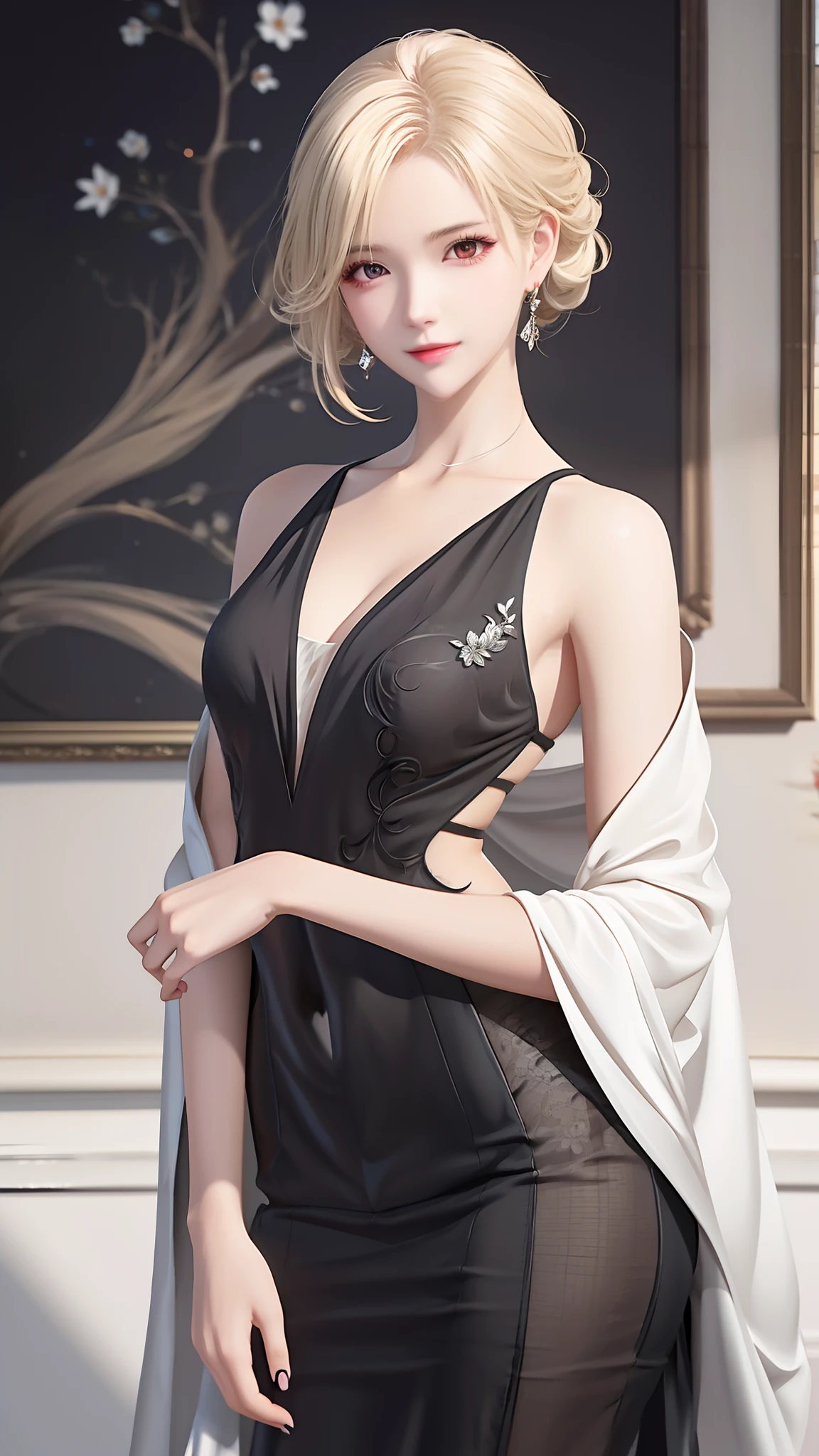 Blonde woman in black dress poses in front of a painting, trending on cgstation, digital art of an elegant, Anime girl wearing black dress, Fine details. Girl Front, Guviz-style artwork, beautiful and seductive anime woman, from girls frontline, Guviz, 2b, 2 b, Detailed digital anime art, elegant cinematic pose