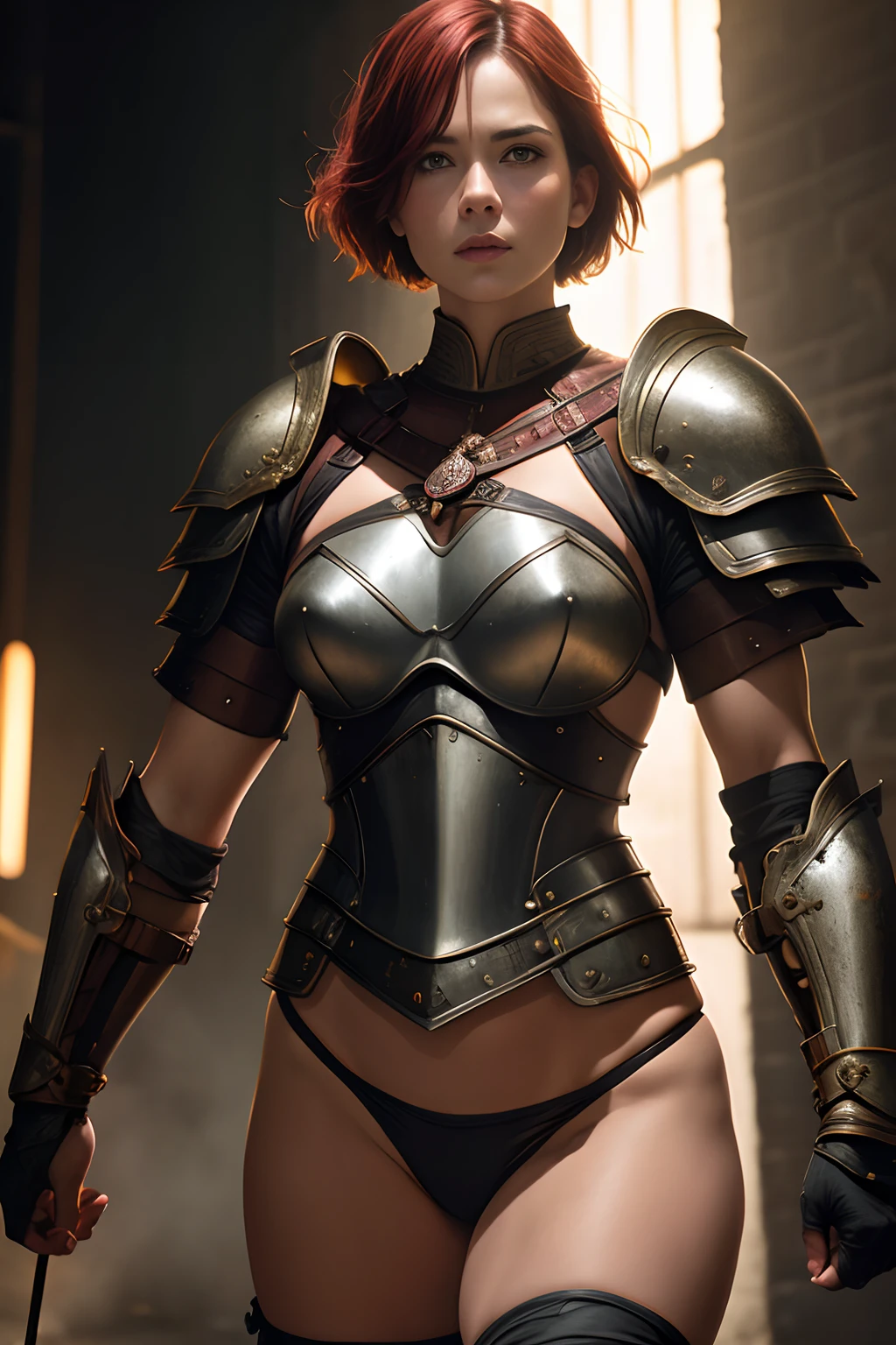 masutepiece, a beautiful woman warrior, (Alyssa Sutherland:Janine Garofalo:0.5), High Detail Leather Armor, (Small breasts), strong muscular body, short filthy hair, Undercut, Legs, (High Fantasy Battlefield Environment), hard disk, (Skin Texture:1.1), Best Quality, 超A high resolution, (Photorealistic: 1.4), Raw photo, ellen von unwerth, nikon d850 film stock photograph, F1.6 lens, Rich colors, Realistic, cinestill 800, Backlight, Rim Lighting, Studio Lighting, close-up