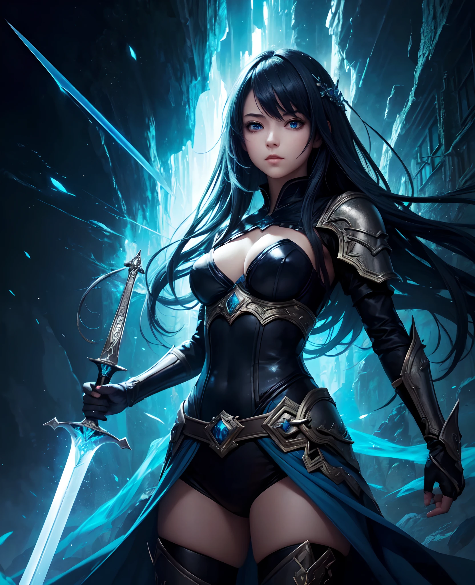 ((masterpiece, best quality)),a girl holding one sword, in the style of dark azure and light azure, mixes realistic and fantastical elements, vibrant manga, uhd image, glassy translucence, vibrant illustrations