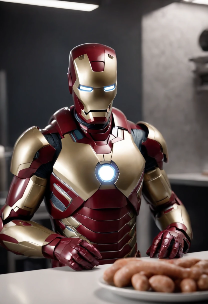 Marvel's somber half-length portrait of Iron Man behind a table with a plate of sausages, with intricate angular cybernetic implants within a futuristic kitchen, cyberpunk, Foto premiada, Neon lights, cybernetic limb, obra maestra, UHD, 32K, ultrarrealista, HQ 4K, Renderizado en Unreal Engine 4K HQ, Renderizado en Unreal Engine 4K HQ, Arte conceptual 4K e hiperrealismo, Renderizado 4K detallado, Ironman, ArtStation 4K, Renderizado 4K de alto detalle, Tendencias 4K en la sede de ArtStation, Extremadamente fotorrealista