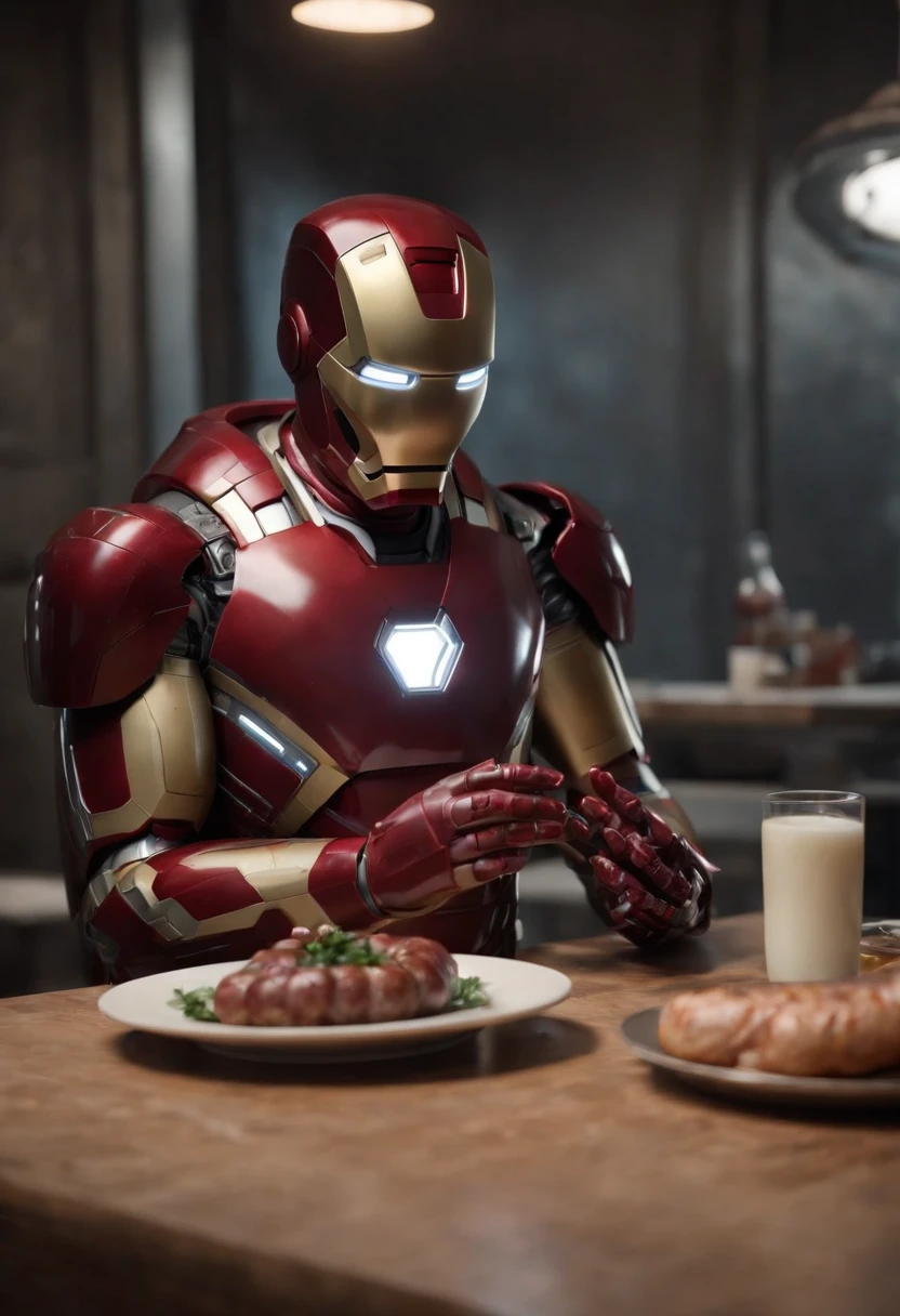 Marvel's somber half-length portrait of Iron Man behind a table with a plate of sausages, with intricate angular cybernetic implants within a futuristic kitchen, cyberpunk, Foto premiada, Neon lights, cybernetic limb, obra maestra, UHD, 32K, ultrarrealista, HQ 4K, Renderizado en Unreal Engine 4K HQ, Renderizado en Unreal Engine 4K HQ, Arte conceptual 4K e hiperrealismo, Renderizado 4K detallado, Ironman, ArtStation 4K, Renderizado 4K de alto detalle, Tendencias 4K en la sede de ArtStation, Extremadamente fotorrealista