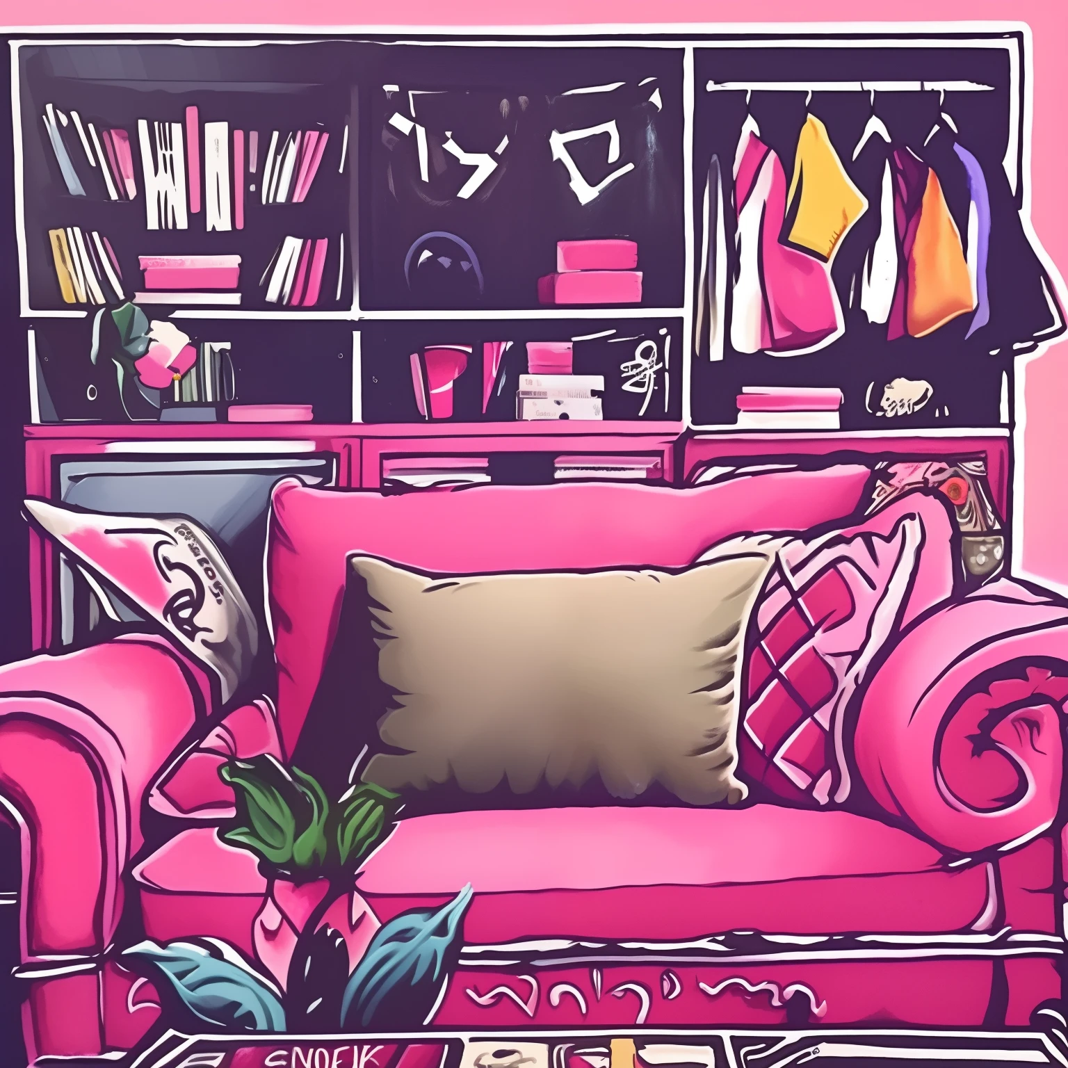 illstration、illustratio、Nice room decoration、heart mark、pink there、Pastel colored rooms、Barbie's worldview、illustratio、Cartoon world、cute interior、