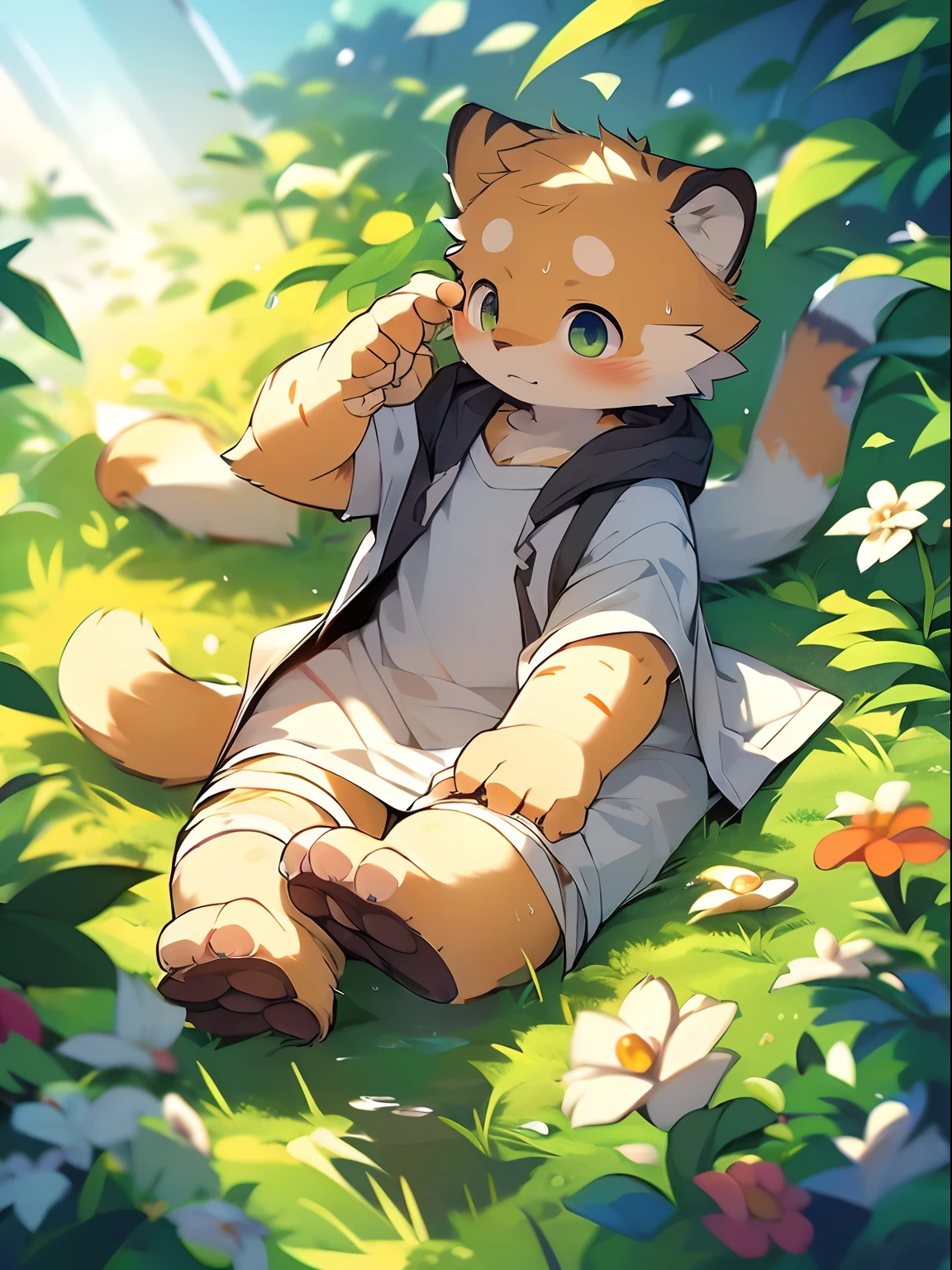 Masterpiece, Best quality, Perfect anatomy, Watery eyes, author：Milk Tiger 1145, author：K0bit0wani, Furry, coyote, (Phyllis:0.3), Muscular male, Solo, wears, baggy clothes, wet fur, (Translucent raincoat:1.1), (holding flower:1.1), Lying, bird's eyes view, Grass, rain, Eau, Rained，((Boy，Shota))