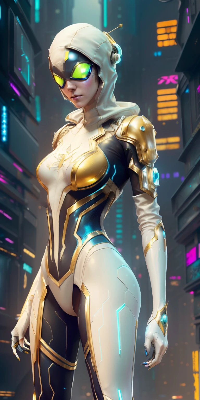 ((White and gold color,)) spider -Gwen , Precise details, Detailed costume, (white and gold costume), fantasy, dramatic, intricate, elegant, Highly detailed, lush figure, sexy, Digital painting, art station, Concept art , Sharp soft focus, illustration, Art by Gustave Dore, octane, 4k, (cyberpunk:1.4), (only:1.4