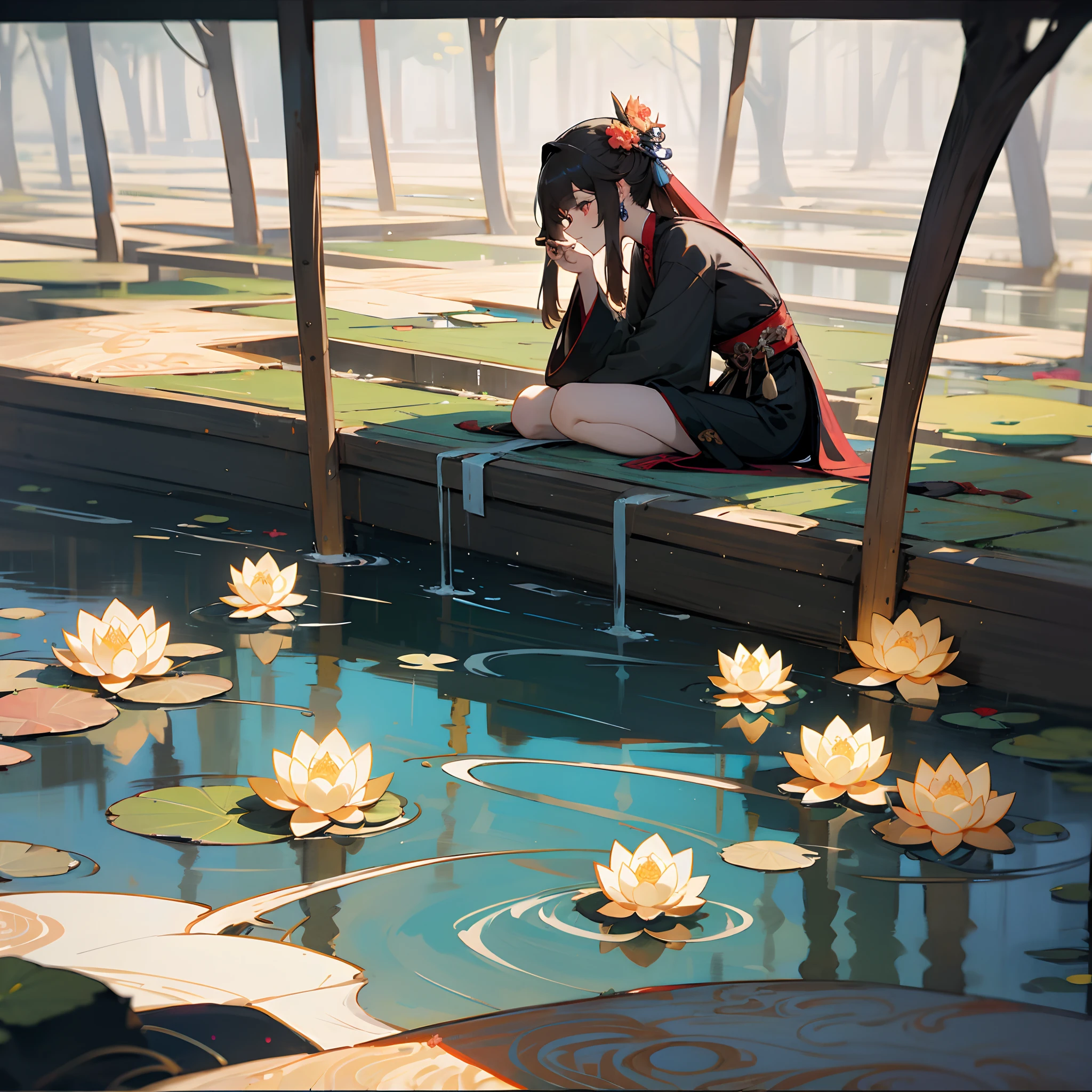 Ancient Chinese beauties sit on stones，wearing ancient Chinese costume，Hanfu，Flowing tulle，Light silk，Lazy posture，large lotus leaf，lotuses，Ink painting style，clean color，Decisive cut，Leave white space，impressionistic，tmasterpiece，ultra-detailliert，Epic composition, high qulity, HighestQuali, 4k --v 6