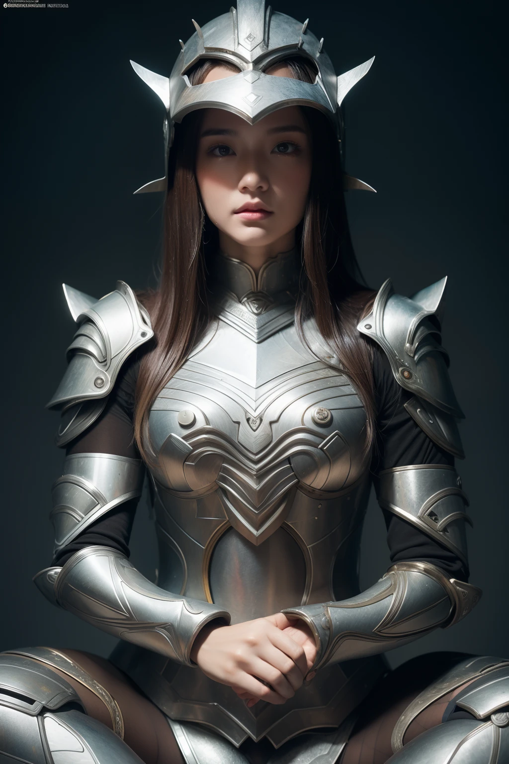 1 girl in, (Fudo Ming:1.2)Woman wearing multiple layers all over her body(Magnesium heavy metals:1.2)、(White metal armor with complex shapes:1.2)、Dragon helmet in white metal armor、No Underwear、(Sit in the lotus position)、Shingon Esoteric Buddhism Worldview、Detailed mandala background、Glowing skin, wet、teats、Blonde straight hair、Keep your head small、fullllbody、 ArtGerm, Ultra-detailed, Intricate and detailed art of color trends in the Art Station Triad, intricate detailes, 8K resolution