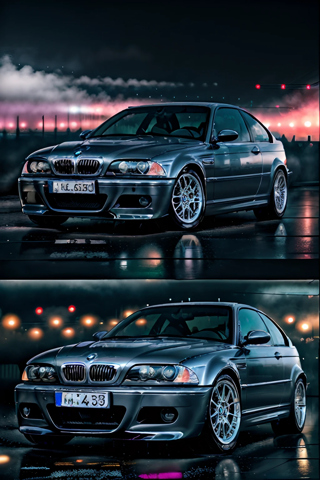 arafed image of a sports car driving on a city street, outrun art style, art deco outrun anime aesthestic, outrun style and colours, masterpiece epic retrowave art, retrowave epic art, epic retrowave art, outrun color palette, outrun style, 80s outrun, retrowave art, synthwave art style,(BMW_E46),bmw, e46,M3,masterpiece, best quality,High Detail, Sharp focus, ((photorealism)), realistic, best quality, 8k, award winning, dramatic lighting, epic, cinematic, masterpiece, depth of field, volumetric lights, (ambient fog:1.3), dutch angle, rim light, wide angle lens, steam,