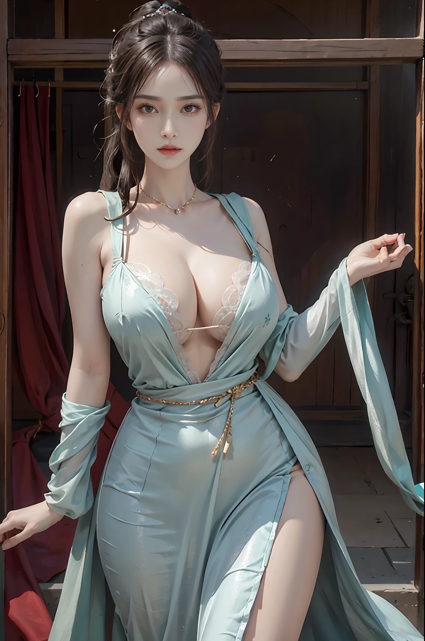 Photorealistic, high resolution, 1womanl, gigantic cleavage breasts,cleavage,tit,Solo, Hips up, view the viewer, (Detailed face), dunhuang_dress, jewelry, tattoo