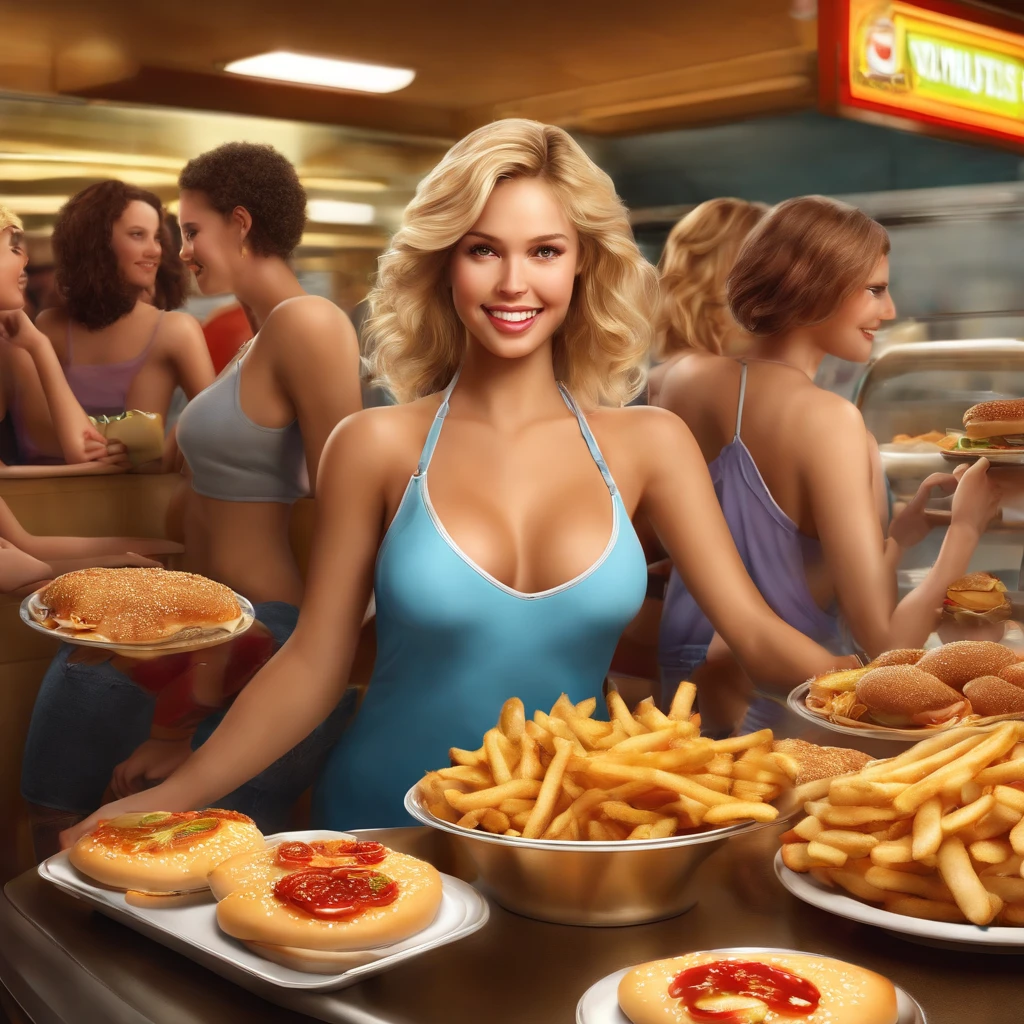 (masutepiece:1.2), (Best Quality:1.2), (Extremely detailed:1.2), (extra detailed face), (Photorealistic:1.2), (ultra-detailliert), (6girls), (Naked, :1.2), (breasts:1.2), (, Pubic hair:1.3), Detailed eyes, Open mouth, (Smile:0.8), (Served in fast food:1.3), Looking at Viewer, (Sunburn of the skin), Shiny skin, (Smiling:1.1), mcdonalds, (Blonde hair:0.8),