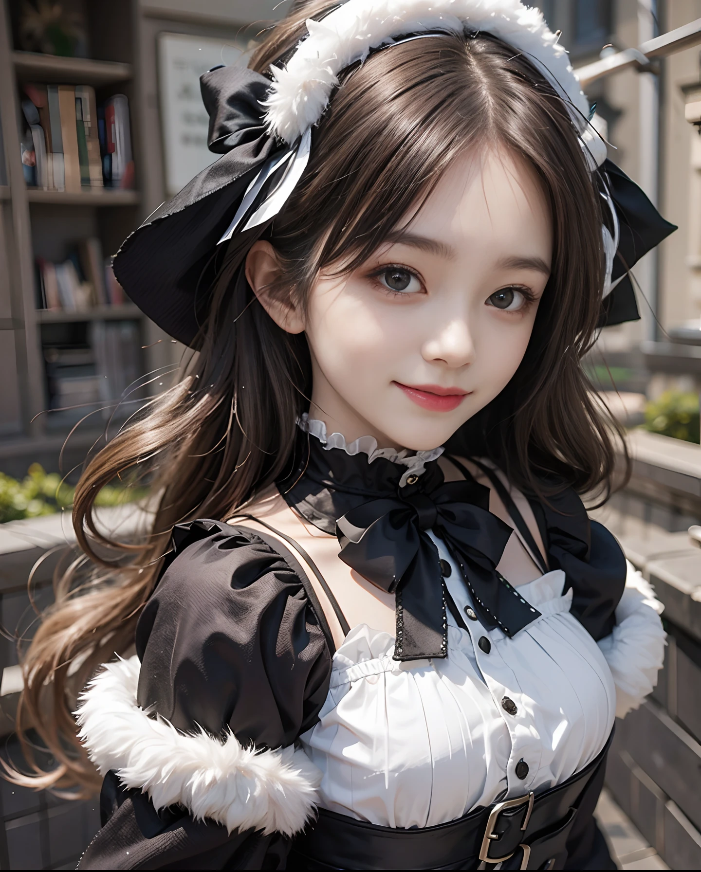 １girl with、9th class、Look at the viewer、smil、gothic lorita、White and black fluffy outfit、Just cute、