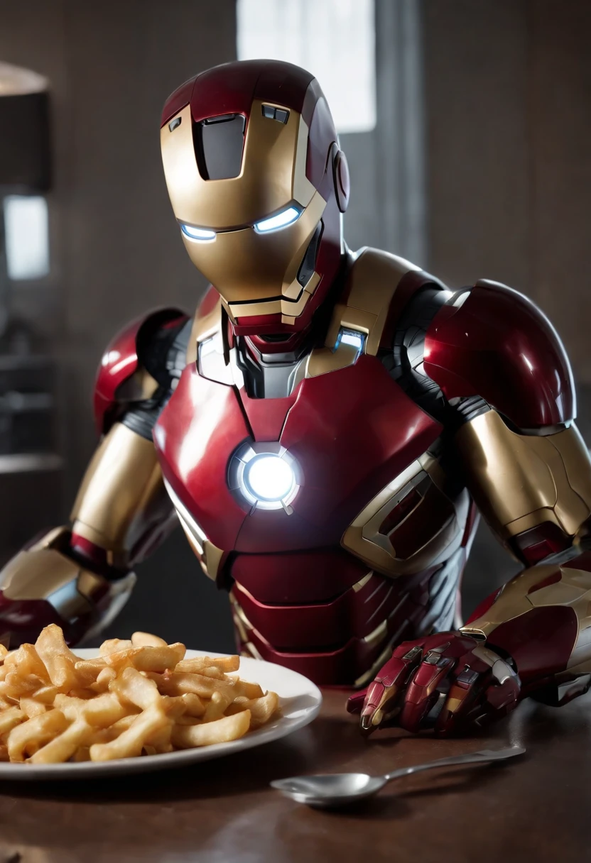 Marvel's somber half-length portrait of Iron Man behind a table with a plate of salchichas en trozos acompañado de papas fritas, with intricate angular cybernetic implants within a futuristic kitchen, cyberpunk, Foto premiada, Neon lights, cybernetic limb, obra maestra, UHD, 32K, ultrarrealista, HQ 4K, Renderizado en Unreal Engine 4K HQ, Renderizado en Unreal Engine 4K HQ, Arte conceptual 4K e hiperrealismo, Renderizado 4K detallado, Ironman, ArtStation 4K, Renderizado 4K de alto detalle, Tendencias 4K en la sede de ArtStation, Extremadamente fotorrealista