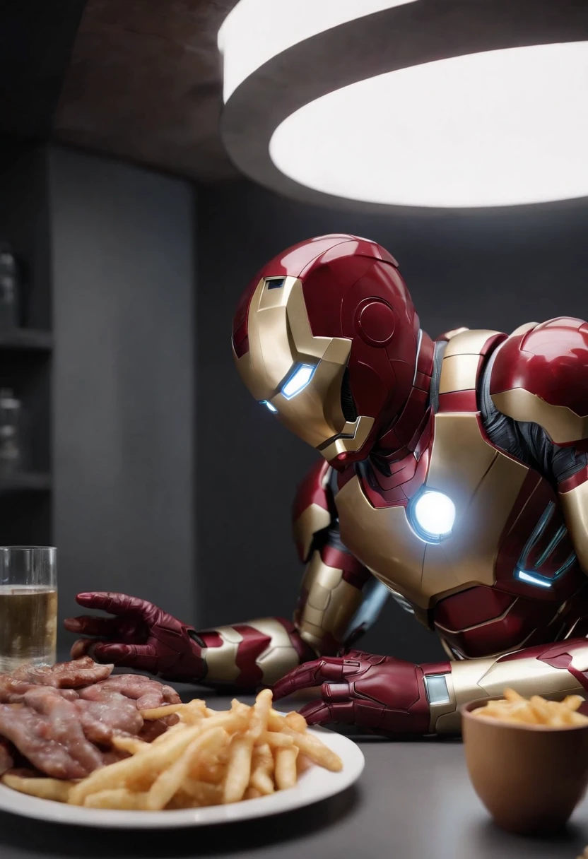 Marvel's somber half-length portrait of Iron Man behind a table with a plate of salchichas en trozos acompañado de papas fritas, with intricate angular cybernetic implants within a futuristic kitchen, cyberpunk, Foto premiada, Neon lights, cybernetic limb, obra maestra, UHD, 32K, ultrarrealista, HQ 4K, Renderizado en Unreal Engine 4K HQ, Renderizado en Unreal Engine 4K HQ, Arte conceptual 4K e hiperrealismo, Renderizado 4K detallado, Ironman, ArtStation 4K, Renderizado 4K de alto detalle, Tendencias 4K en la sede de ArtStation, Extremadamente fotorrealista