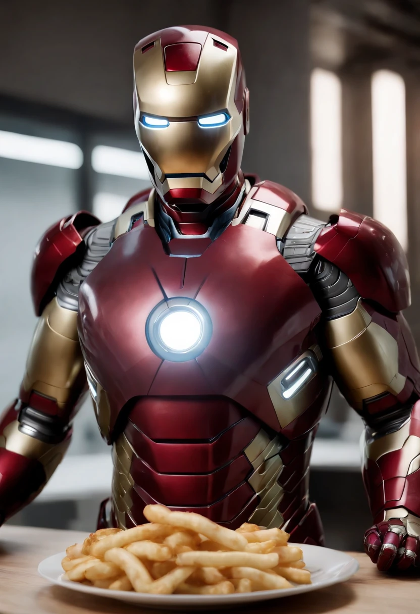 Marvel's somber half-length portrait of Iron Man behind a table with a plate of salchichas en trozos acompañado de papas fritas, with intricate angular cybernetic implants within a futuristic kitchen, cyberpunk, Foto premiada, Neon lights, cybernetic limb, obra maestra, UHD, 32K, ultrarrealista, HQ 4K, Renderizado en Unreal Engine 4K HQ, Renderizado en Unreal Engine 4K HQ, Arte conceptual 4K e hiperrealismo, Renderizado 4K detallado, Ironman, ArtStation 4K, Renderizado 4K de alto detalle, Tendencias 4K en la sede de ArtStation, Extremadamente fotorrealista
