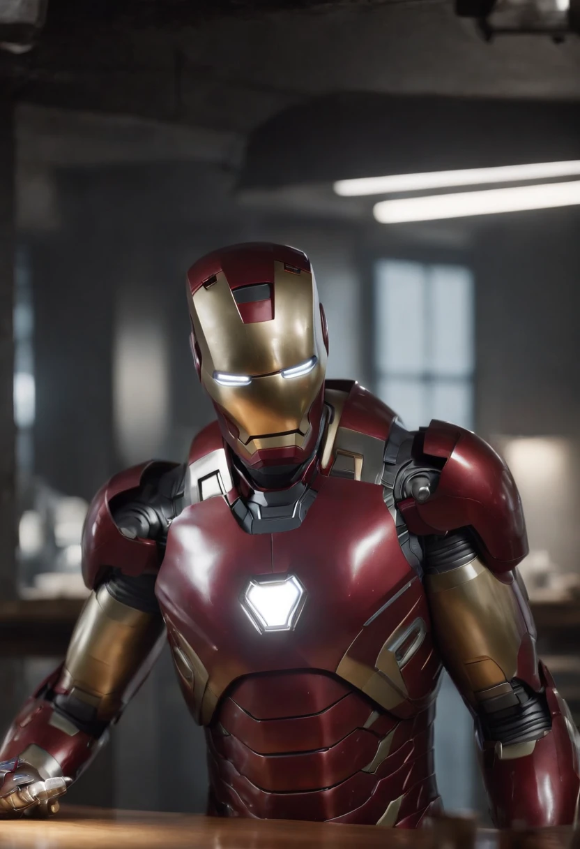 Marvel's somber half-length portrait of Iron Man behind a table with a plate of salchichas en trozos acompañado de papas fritas, with intricate angular cybernetic implants within a futuristic kitchen, cyberpunk, Foto premiada, Neon lights, cybernetic limb, obra maestra, UHD, 32K, ultrarrealista, HQ 4K, Renderizado en Unreal Engine 4K HQ, Renderizado en Unreal Engine 4K HQ, Arte conceptual 4K e hiperrealismo, Renderizado 4K detallado, Ironman, ArtStation 4K, Renderizado 4K de alto detalle, Tendencias 4K en la sede de ArtStation, Extremadamente fotorrealista