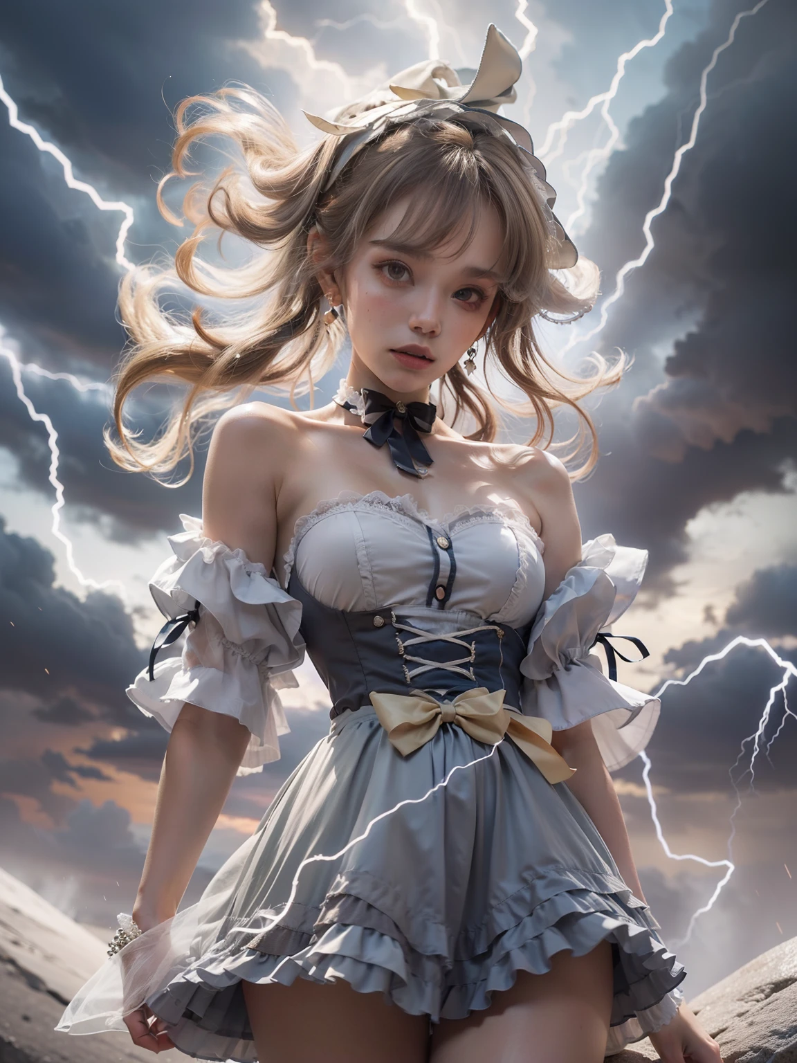 masutepiece, 8K,((Focus on the thighs))，High resolution whole body, surrealism, Cinematic lighting, god light,Layered processing (HD layers, People layer， Background image layer)，f/4.0, kanon，(The face is super clear)，hugefilesize，Shiny skin,Detailed skin,Detailed face, Detailed eyes, Goddess of the Storm,(ta dress miniskirt:1.5)， At the top of a huge canyon, The wind was blowing violently, Hair similar to the color of wind and lightning, nakeness, Bare chest, No top, Show off , Storm vortex pendant, Lightning earrings, Dark clouds loom like a storm, A thunderous scene，(Sky thunder and lightning scattered together)，