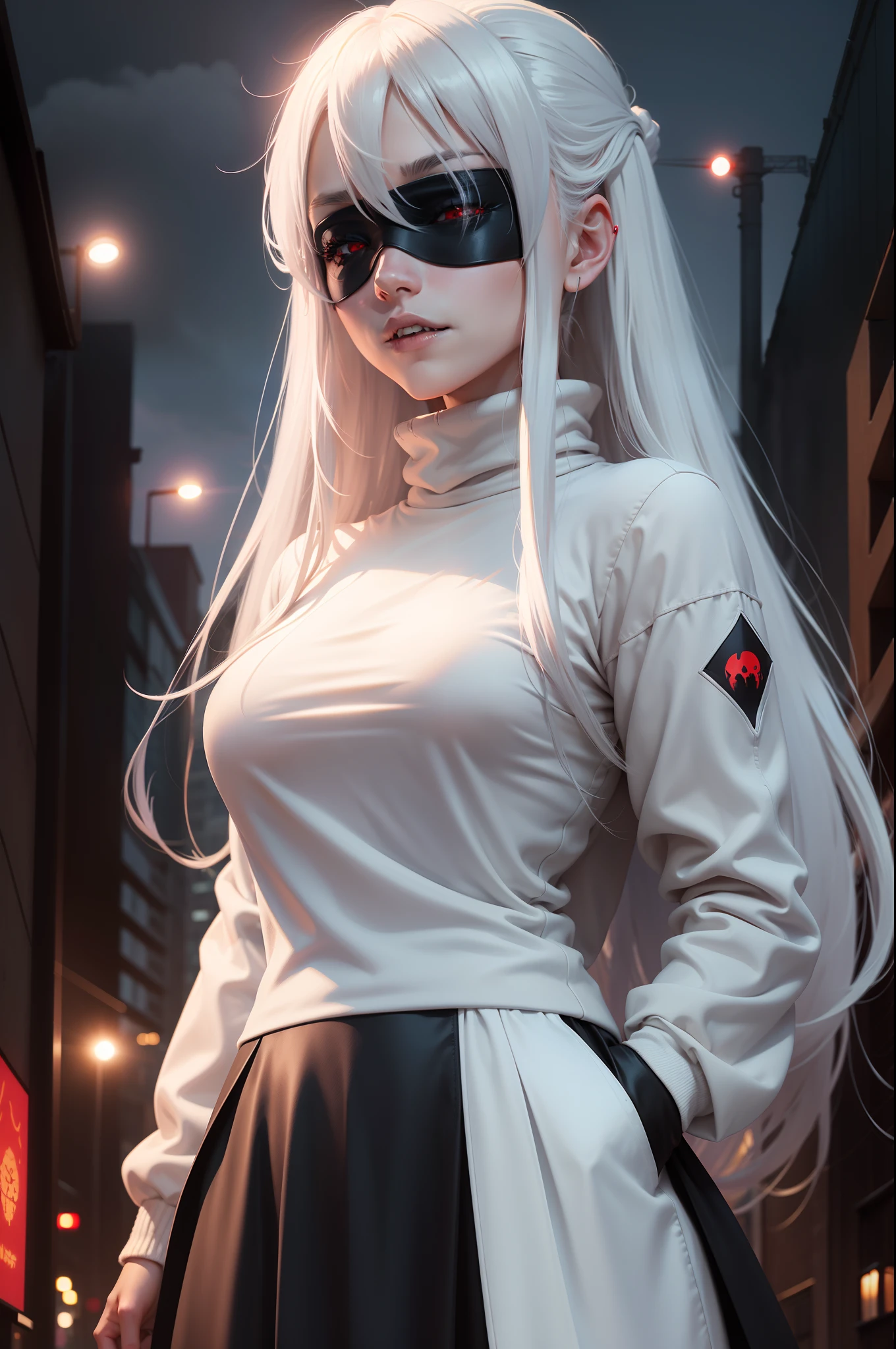 1girll, (Solo), Anime girl with long white hair and red eyes, Girl with white hair, Girl in white turtleneck sweater, ((Blindfolds)), pointy-eared, ((Vampire)), Fake smile, Smug, Closed mouth, Cowboy shot, Perfect white haired girl, White-haired god, Digital cyberpunk anime art, Turtleneck, Lens flare, ((Dramatic lighting)), Softly glowing red eyes, Extremely detailed, Masterpiece, view the viewer, urban in the background, (Night)
