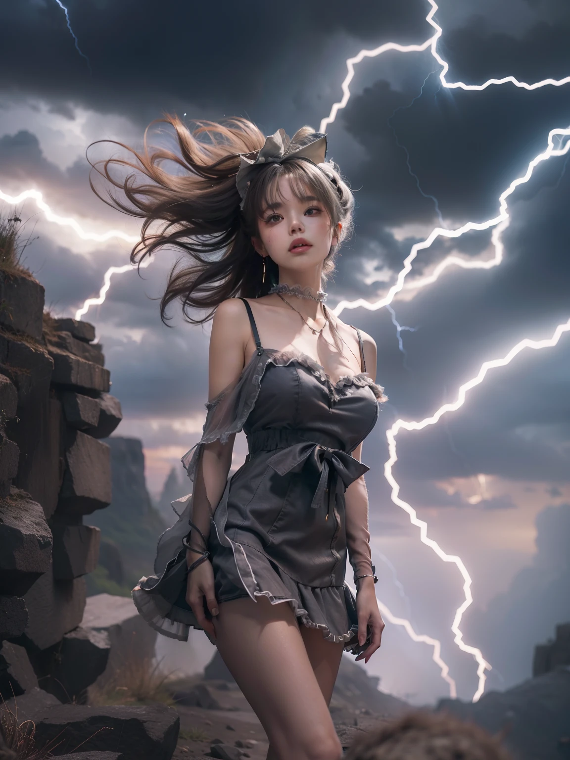 masutepiece, 8K,((Focus on the thighs)),High resolution whole body, surrealism, Cinematic lighting, god light,Layered processing (HD layers, People layer, Background image layer),f/4.0, kanon,(The face is super clear),hugefilesize,Shiny skin,Detailed skin,Detailed face, Detailed eyes, Goddess of the Storm,(ta dress miniskirt:1.5), At the top of a huge canyon, The wind was blowing violently, Hair similar to the color of wind and lightning, nakeness, Bare chest, No top, Show off , Storm vortex pendant, Lightning earrings, Dark clouds loom like a storm, A thunderous scene,(Sky thunder and lightning scattered together),