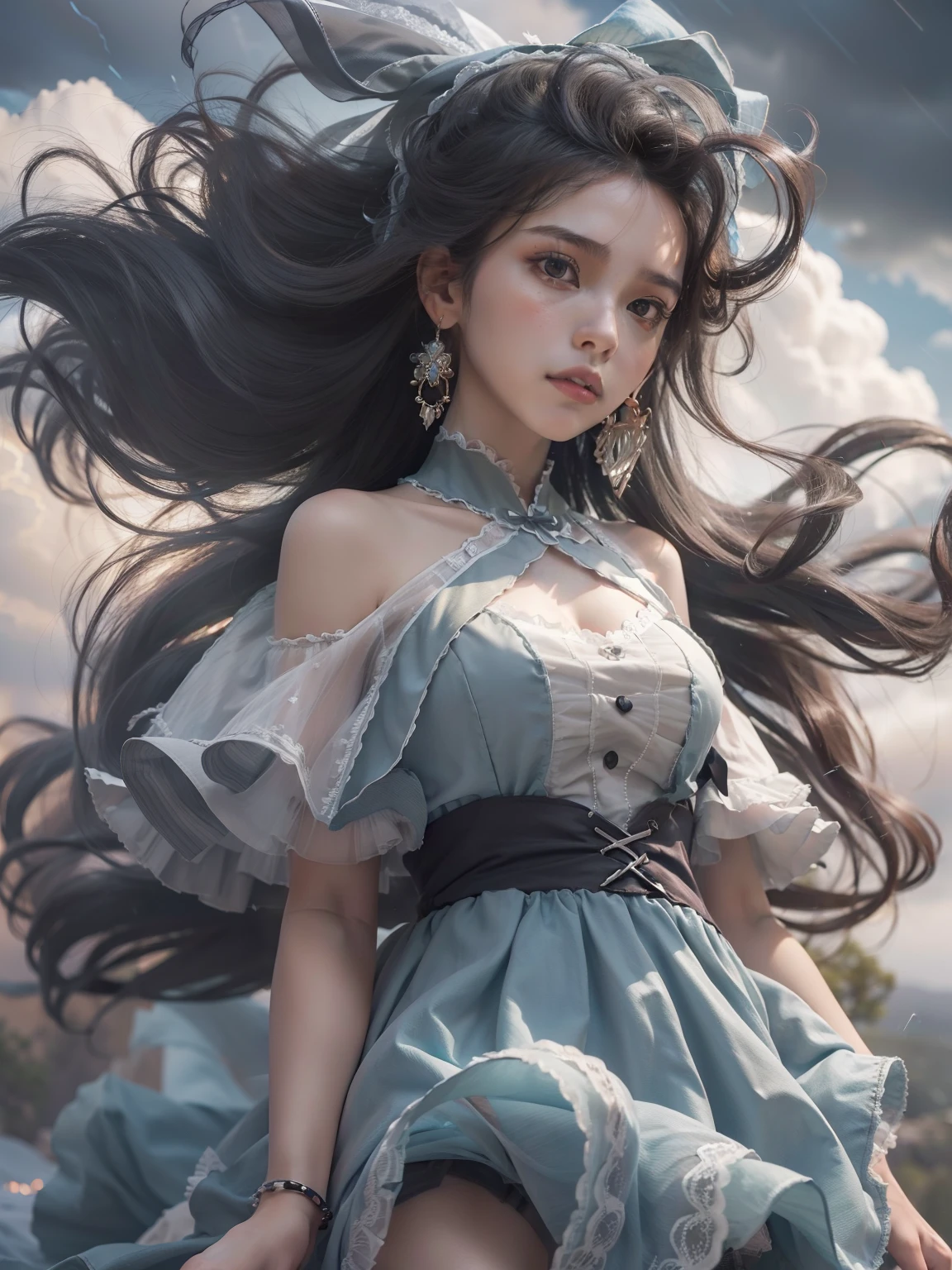masutepiece, 8K,((Focus on the thighs)),High resolution whole body, surrealism, Cinematic lighting, god light,Layered processing (HD layers, People layer, Background image layer),f/4.0, kanon,(The face is super clear),hugefilesize,Shiny skin,Detailed skin,Detailed face, Detailed eyes, Goddess of the Storm,(ta dress miniskirt:1.5), At the top of a huge canyon, The wind was blowing violently, Hair similar to the color of wind and lightning, nakeness, Bare chest, No top, Show off , Storm vortex pendant, Lightning earrings, Dark clouds loom like a storm, A thunderous scene,(Sky thunder and lightning scattered together),
