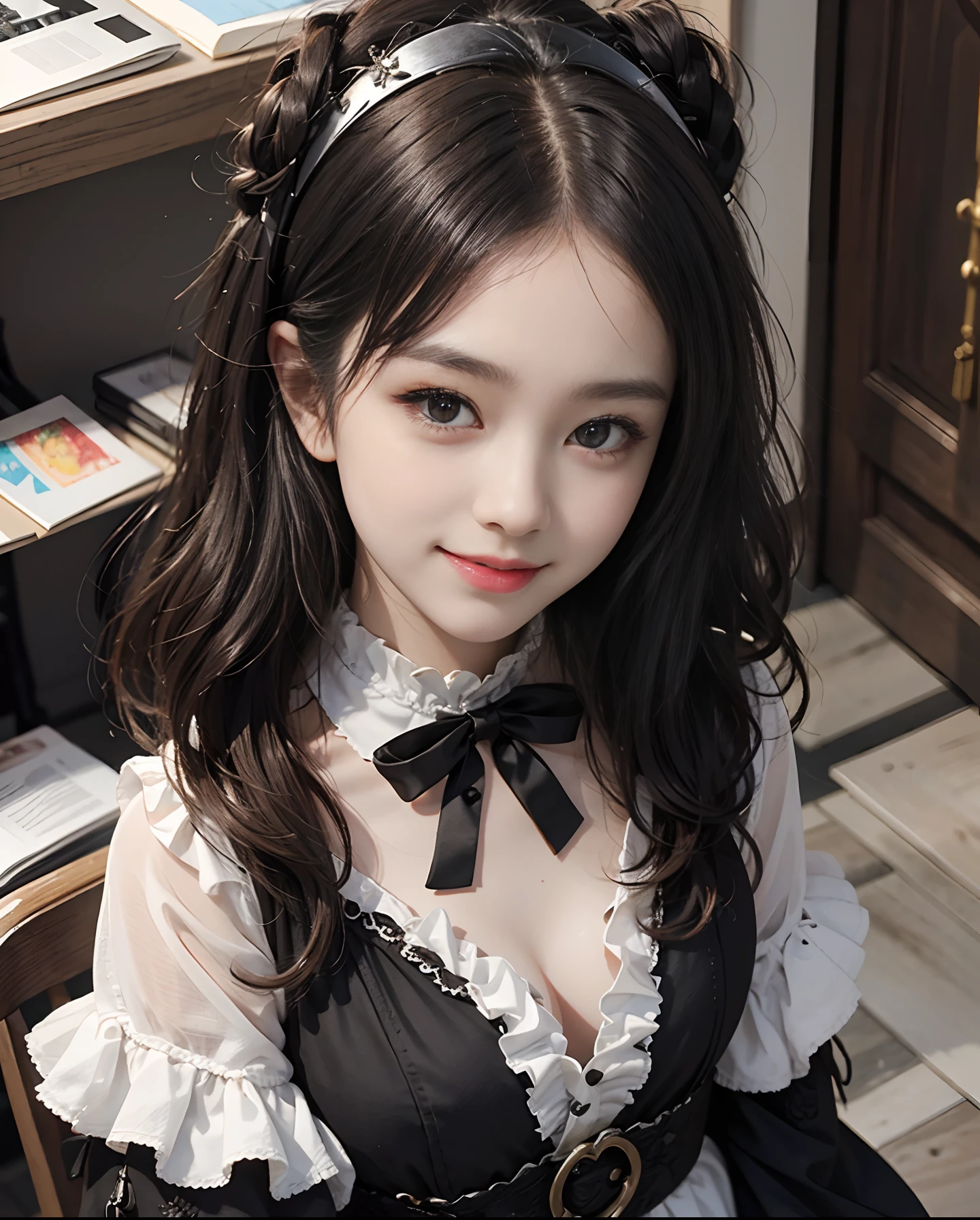 １girl with、9th class、Look at the viewer、smil、gothic lorita、White and black fluffy outfit、Just cute、Shot from above the head、